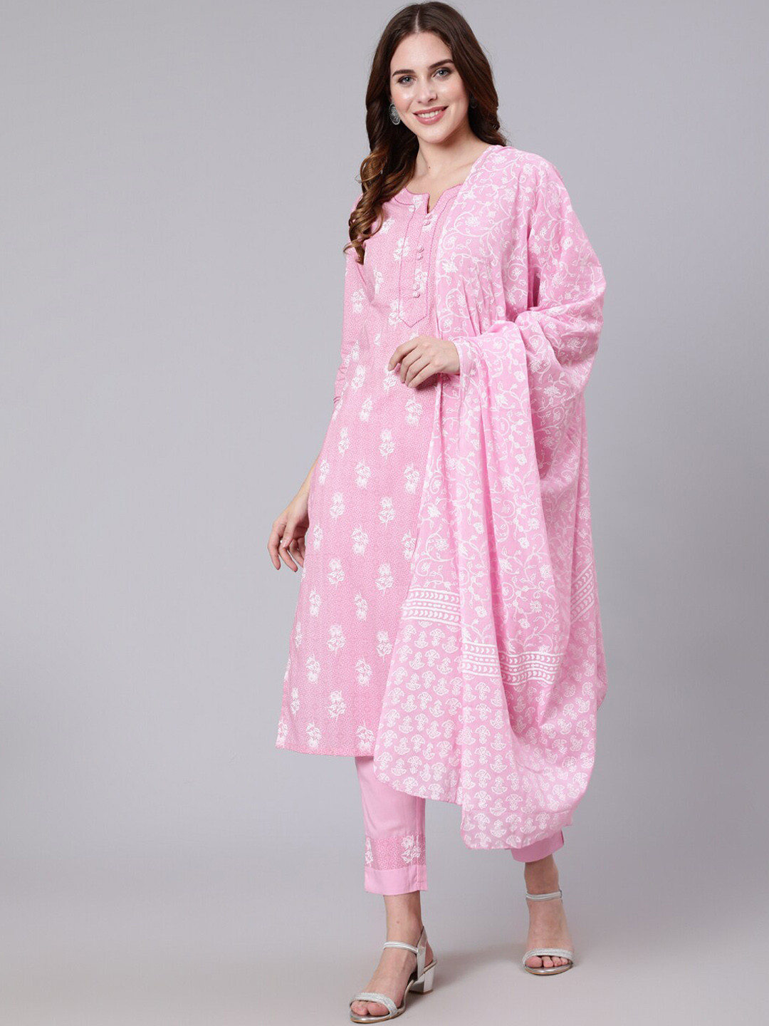 

ETHNIC STREET Women Pink Floral Printed Pure Cotton Kurta with Trousers & Dupatta