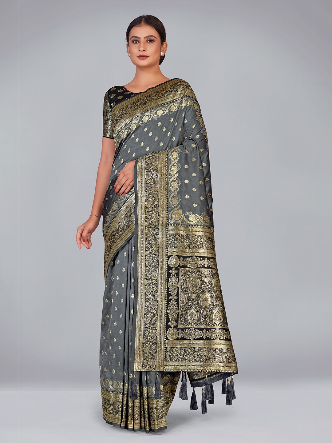 

Monjolika Fashion Ethnic Motifs Zari Silk Blend Banarasi Saree, Grey