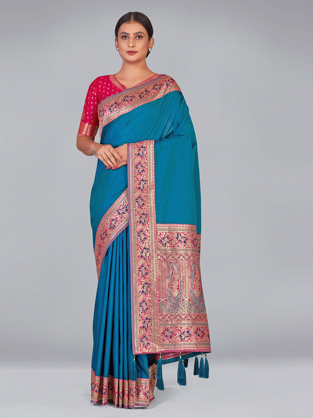 

Monjolika Fashion Woven Design Zari Silk Blend Banarasi Saree, Turquoise blue