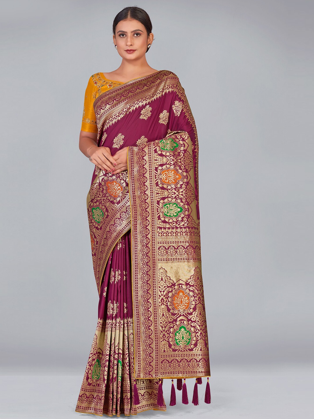 

Monjolika Fashion Woven Design Zari Silk Blend Heavy Work Banarasi Saree, Magenta