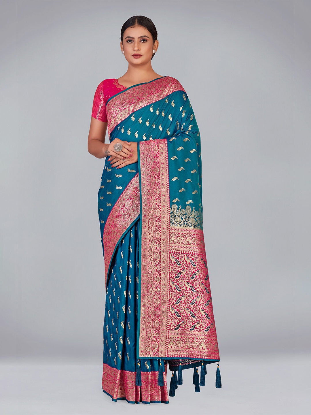 

Monjolika Fashion Woven Design Zari Silk Blend Banarasi Saree, Turquoise blue