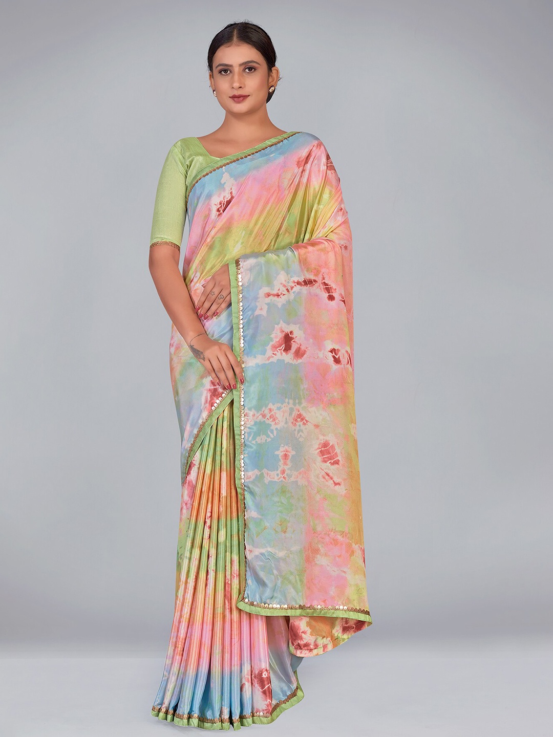 

Monjolika Fashion Tie and Dye Silk Blend Block Print Saree, Pink
