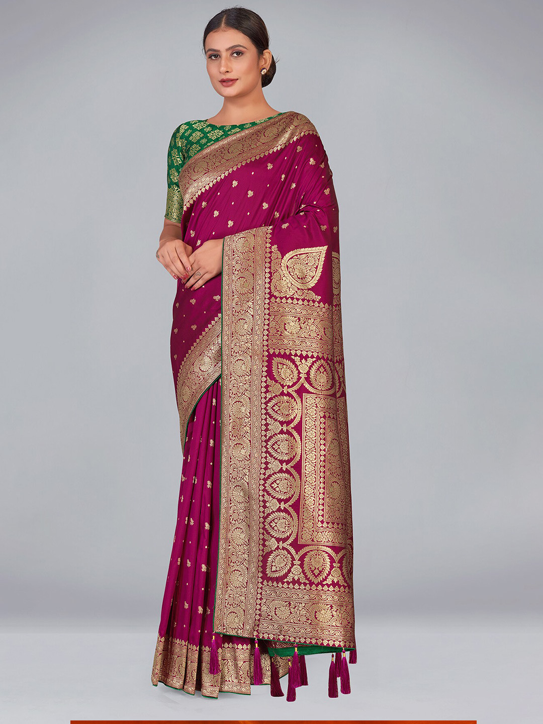 

MONJOLIKA FASHION Woven Design Zari Silk Blend Heavy Work Banarasi Saree With Blouse Piece, Magenta