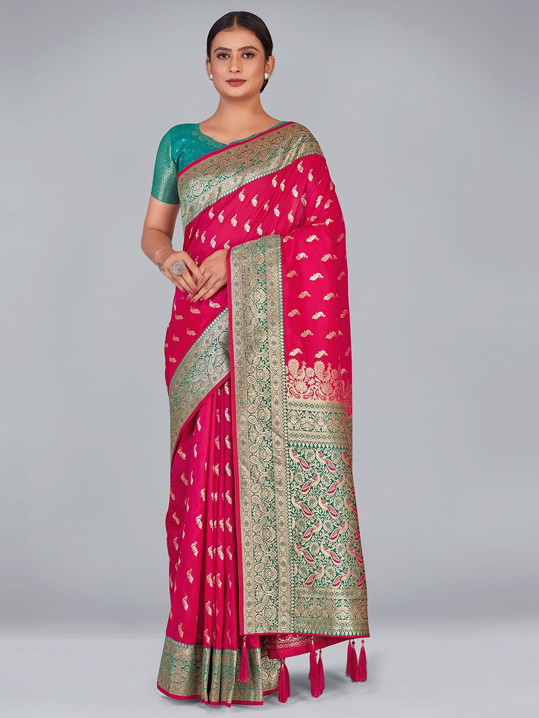 

MONJOLIKA FASHION Zari Silk Blend Heavy Work Banarasi Saree With Blouse Piece, Pink