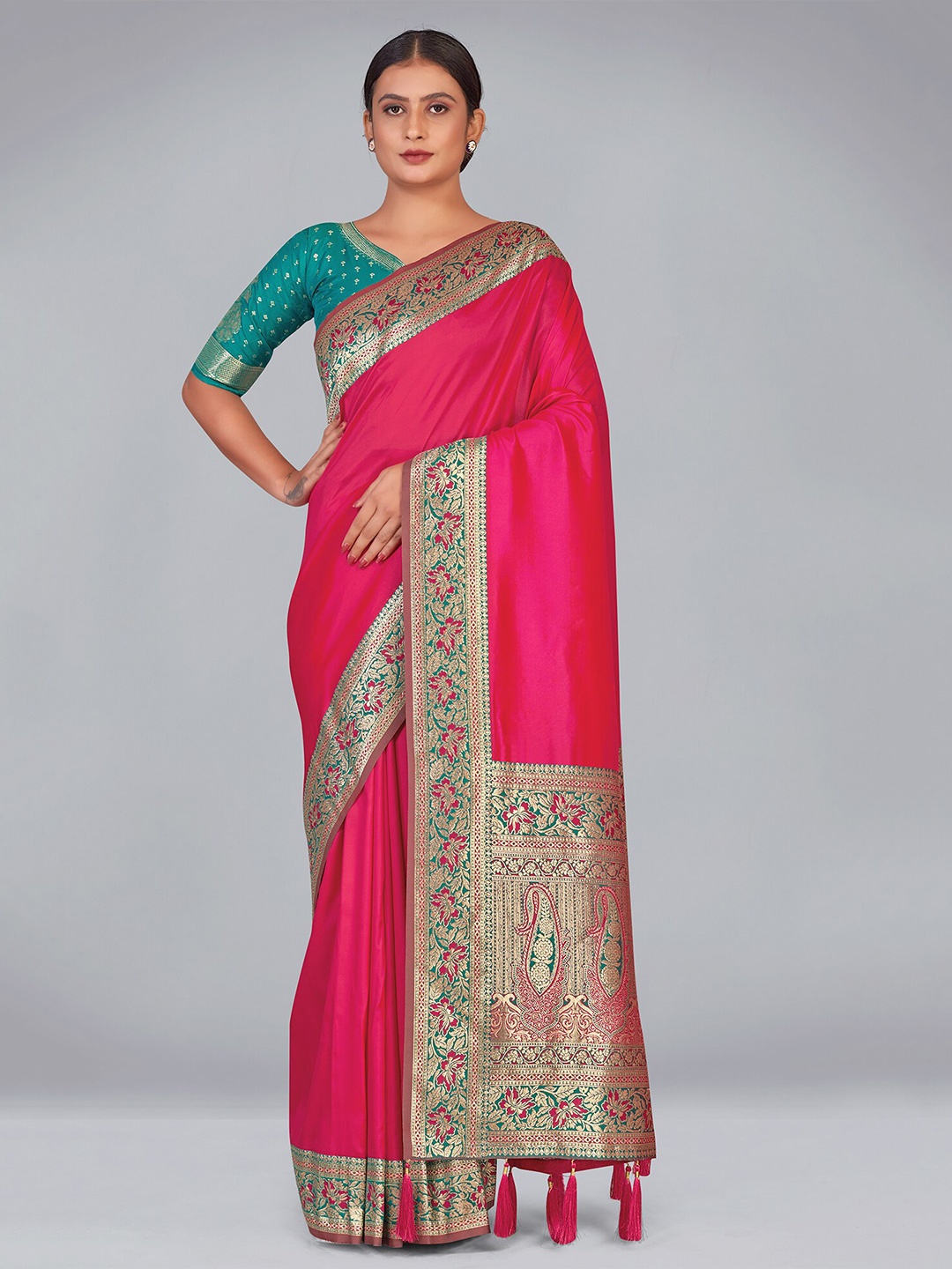 

MONJOLIKA FASHION Woven Design Zari Silk Blend Heavy Work Banarasi Saree, Pink