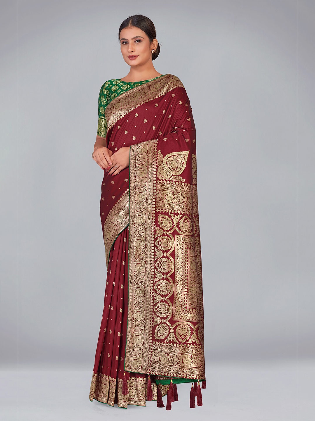 

MONJOLIKA FASHION Woven Design Silk Blend Heavy Work Banarasi Saree With Blouse Piece, Maroon