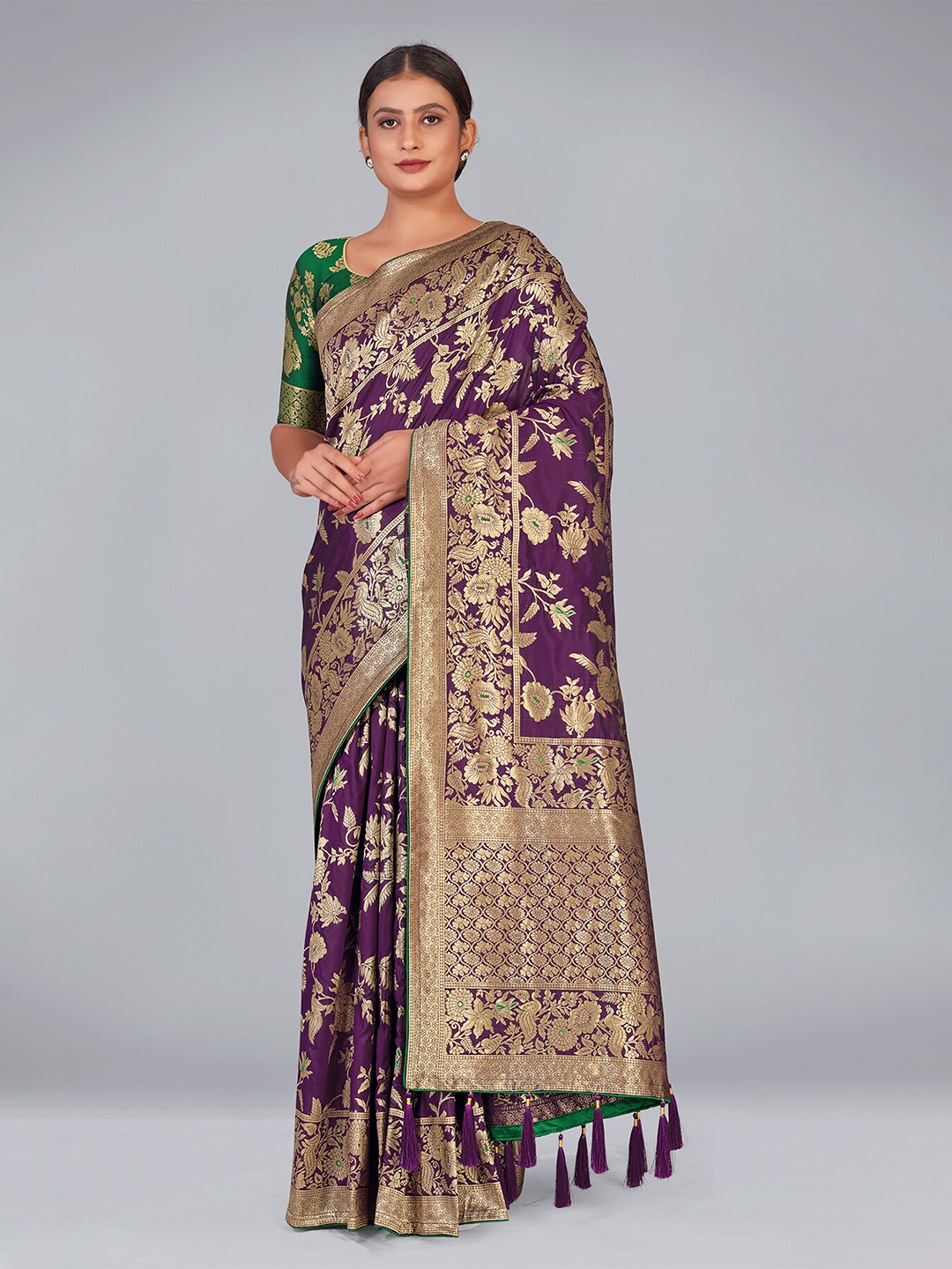 

MONJOLIKA FASHION Woven Design Zari Silk Blend Heavy Work Banarasi Saree, Purple