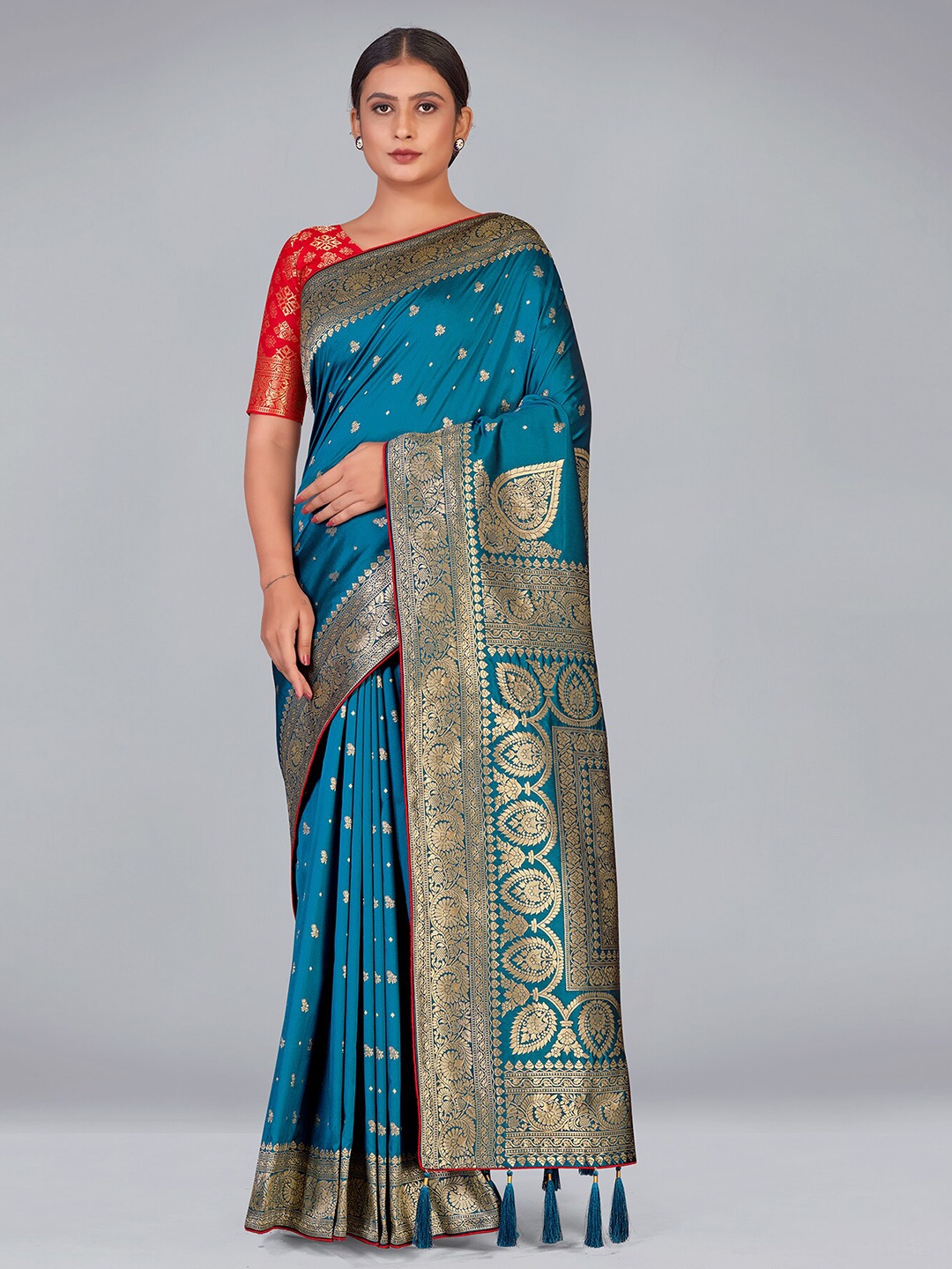 

MONJOLIKA FASHION Woven Design Zari Silk Blend Heavy Work Banarasi Saree, Turquoise blue