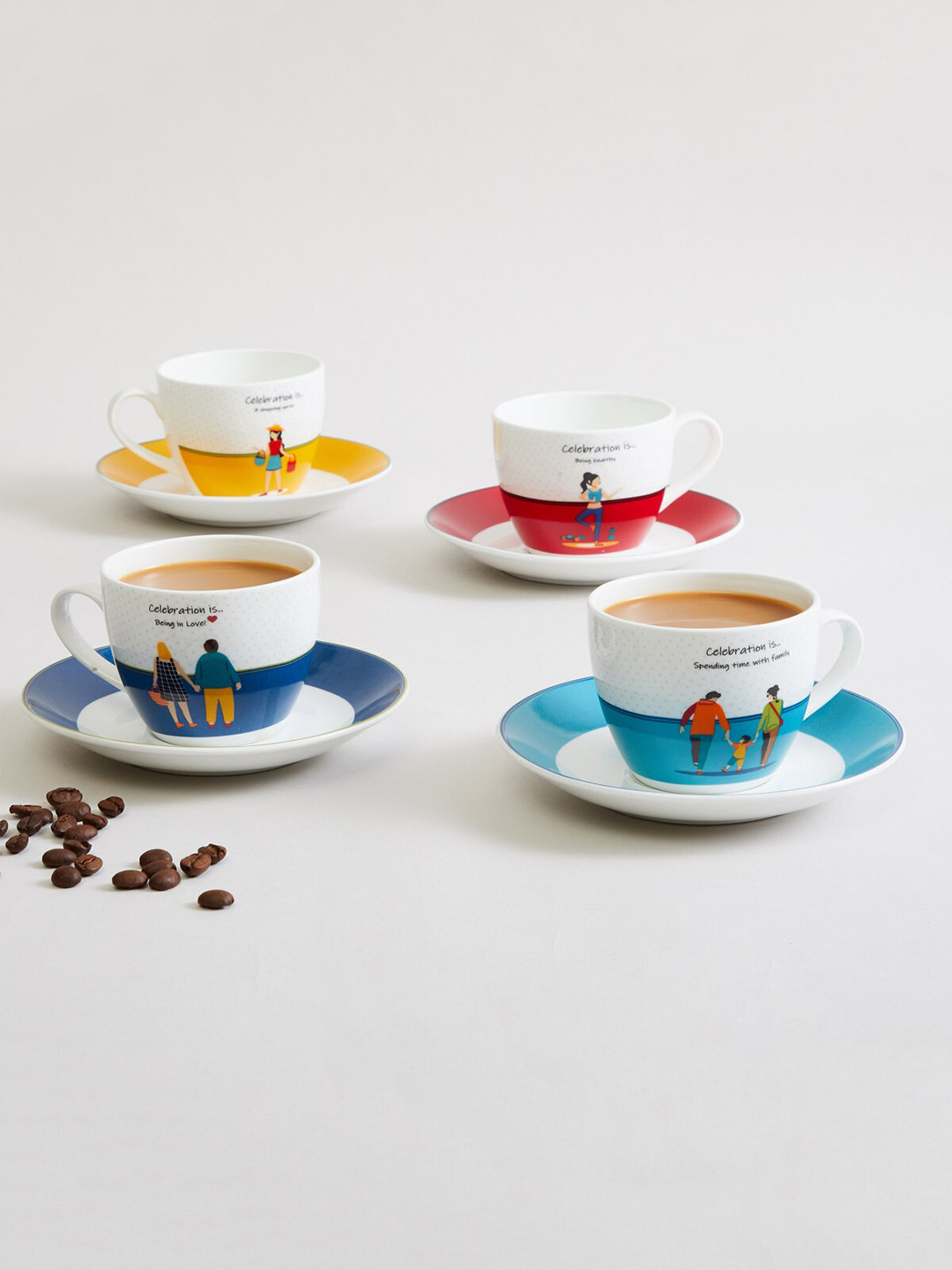 

Home Centre Set of 4 Printed Dishwasher safe Bone China Glossy Cups and Saucers 210ml each, White