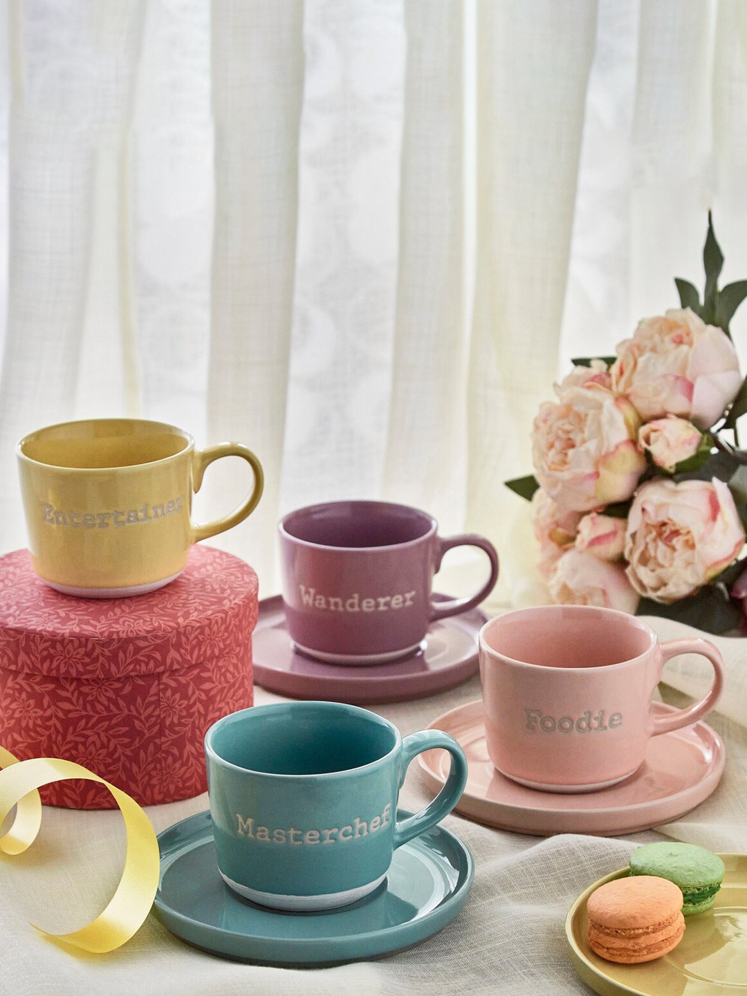 

Home Centre Set of 4 Dishwasher safe Stoneware Glossy Cups & Saucers 220ml each, Yellow