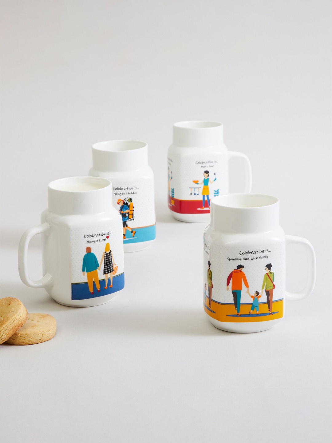 

Home Centre White Set of 4 Printed Dishwasher safe Bone China Glossy Mugs 560ml