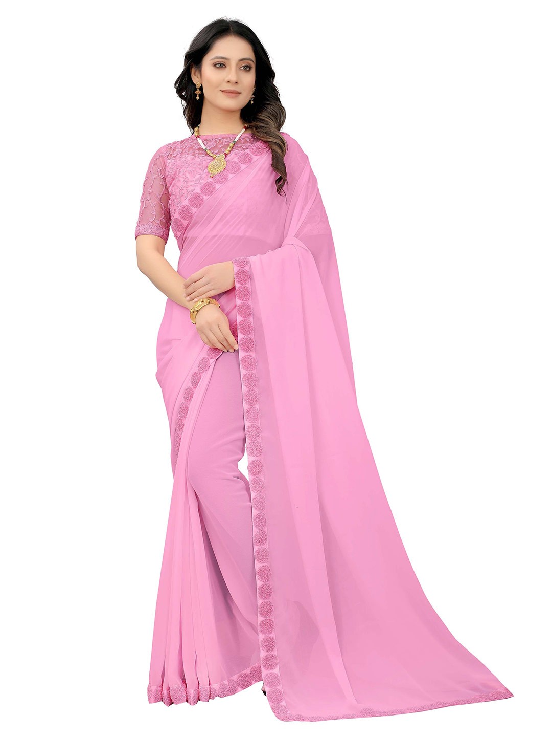 

PRASTHAN Pink Embroidered Pure Georgette Heavy Work Saree