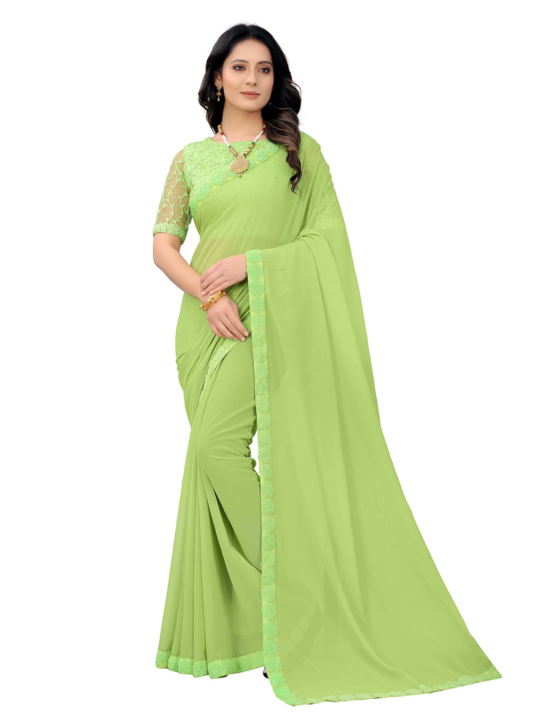 

PRASTHAN Green Embroidered Pure Georgette Heavy Work Saree