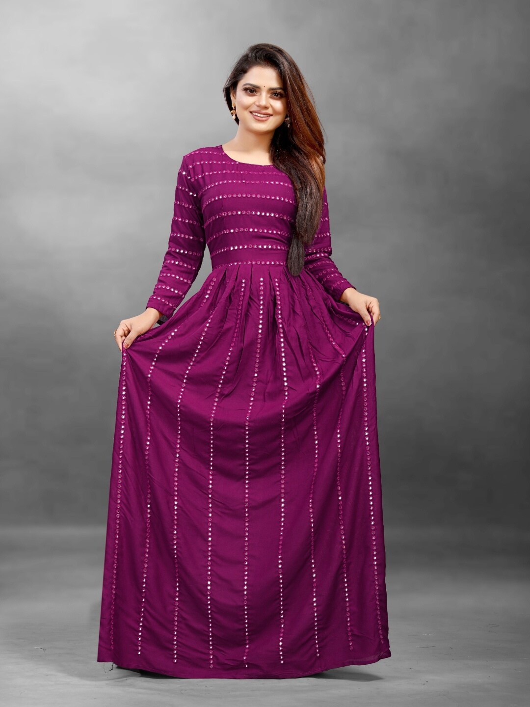 

APNISHA Women Purple Embellished Ethnic Silk Maxi Dress