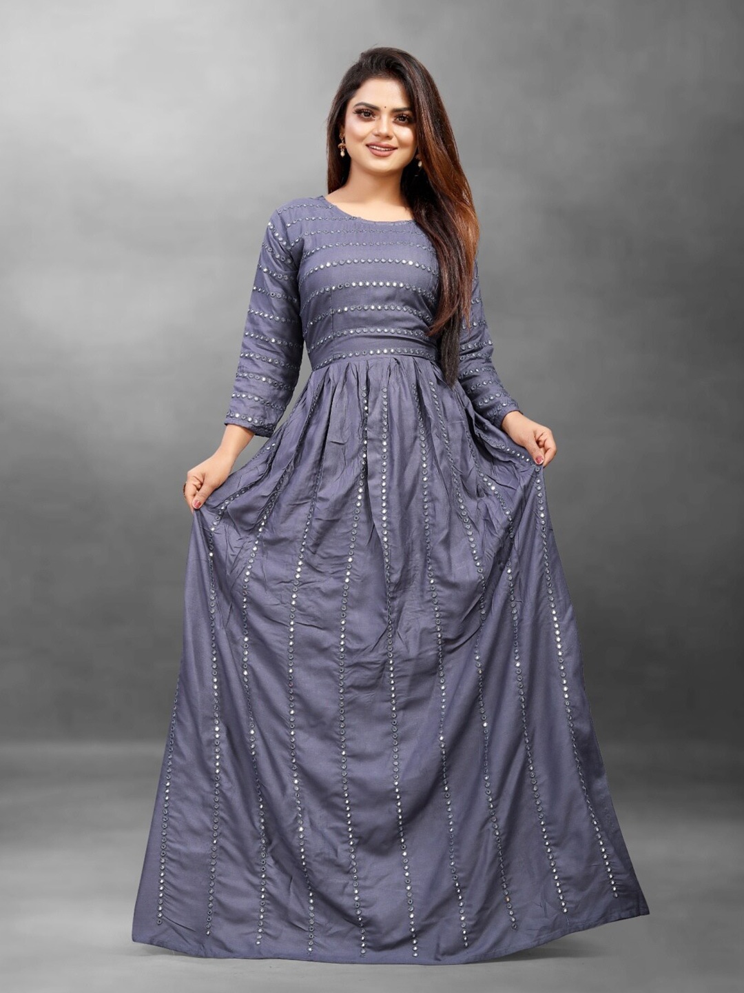 

APNISHA Women Grey Embellished Ethnic Silk Maxi Dress