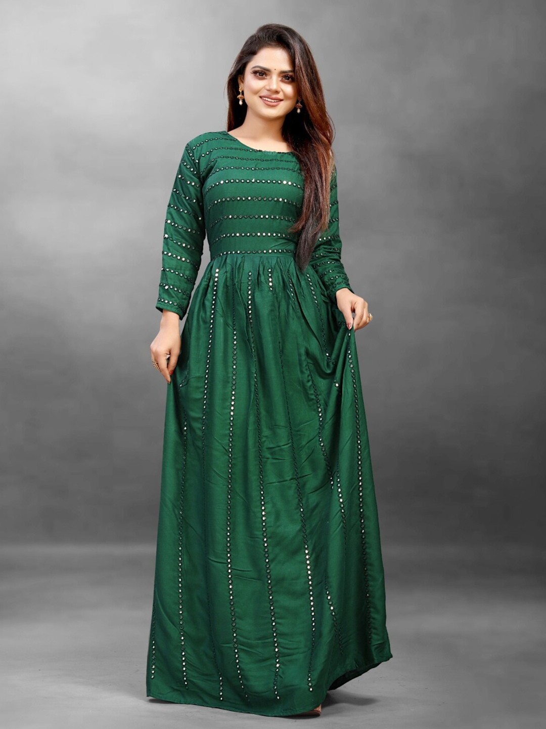 

APNISHA Women Green Embellished Ethnic Silk Maxi Dress
