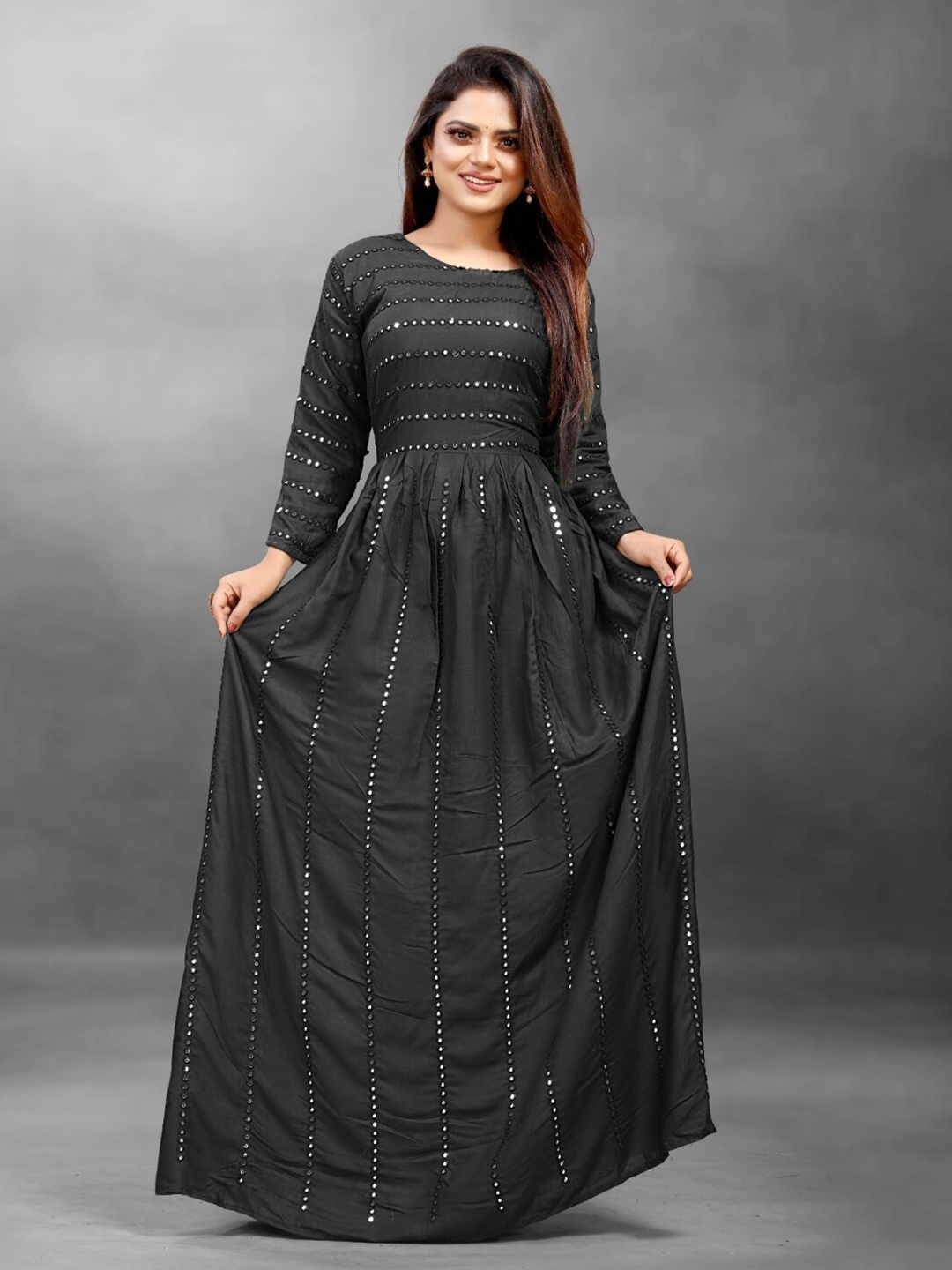 

APNISHA Women Black Embellished Ethnic Silk Maxi Dress
