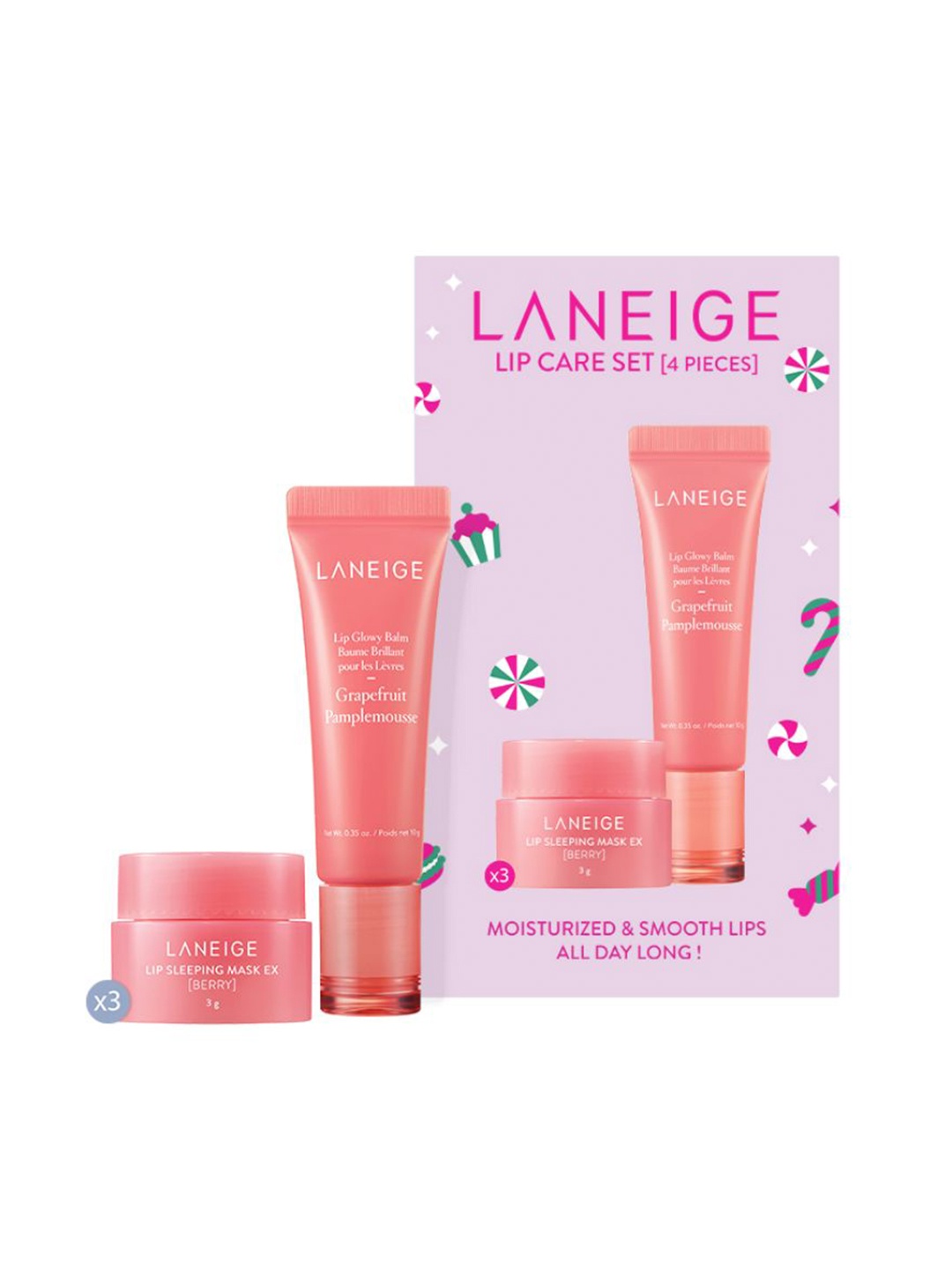 

LANEIGE Grapefruit Lip Glowy Balm 10 g & Set of 3 Berry Lip Sleeping Mask 3 g, Pink
