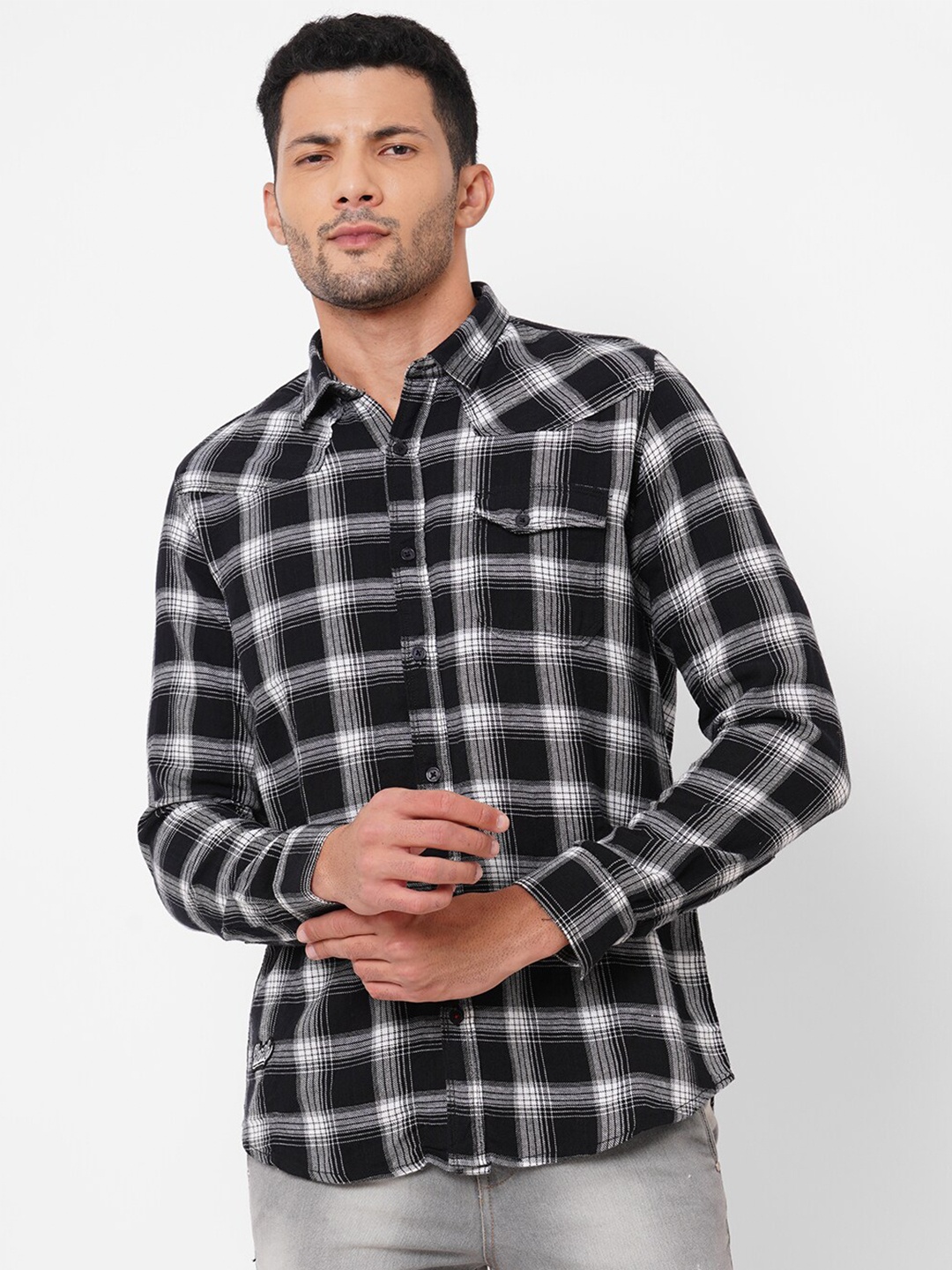 

Solemio Men Classic Tartan Checks Pure Cotton Casual Shirt, Black