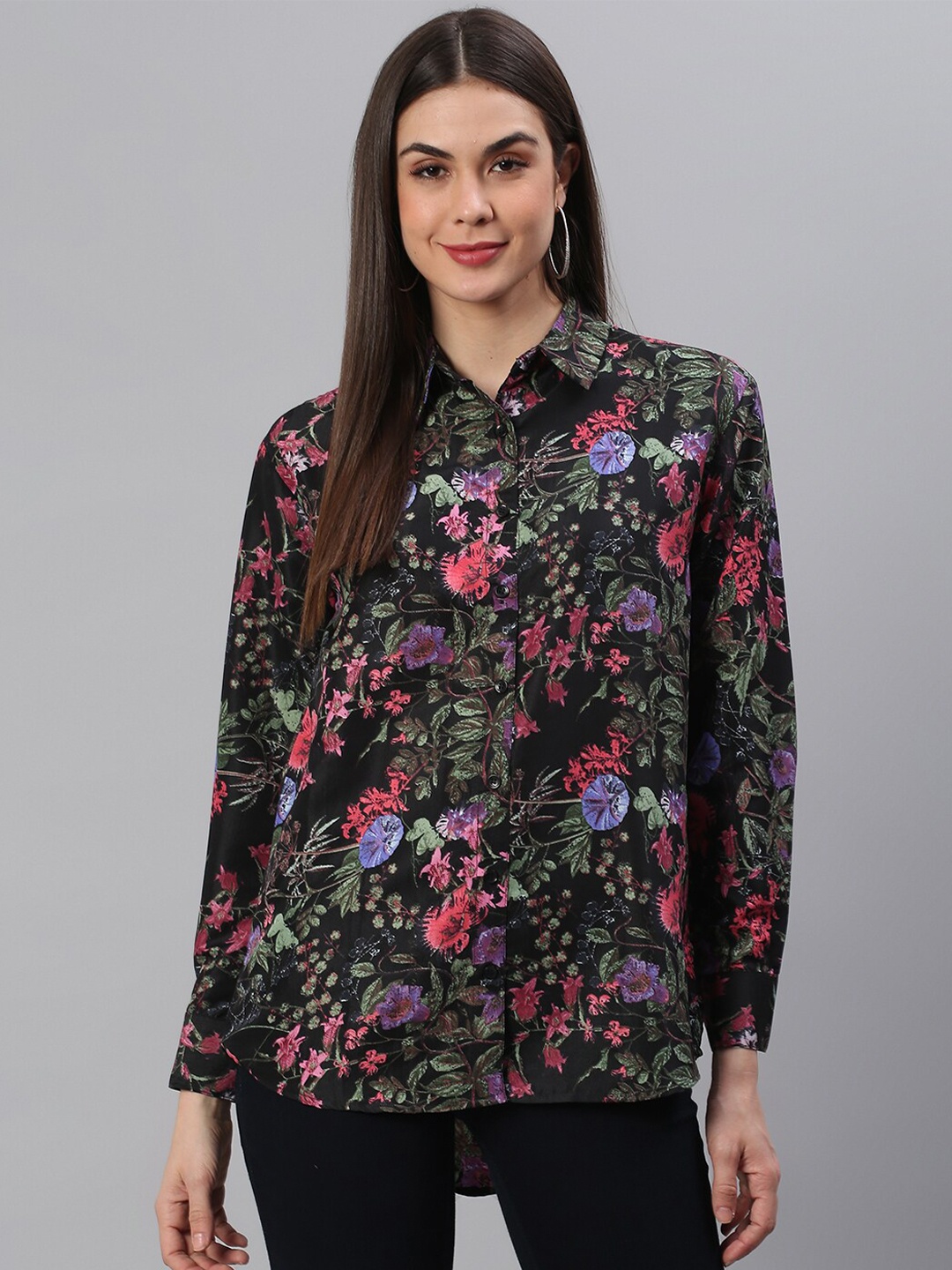 

Cation Women Comfort Boxy Floral Printed Casual Shirt, Black