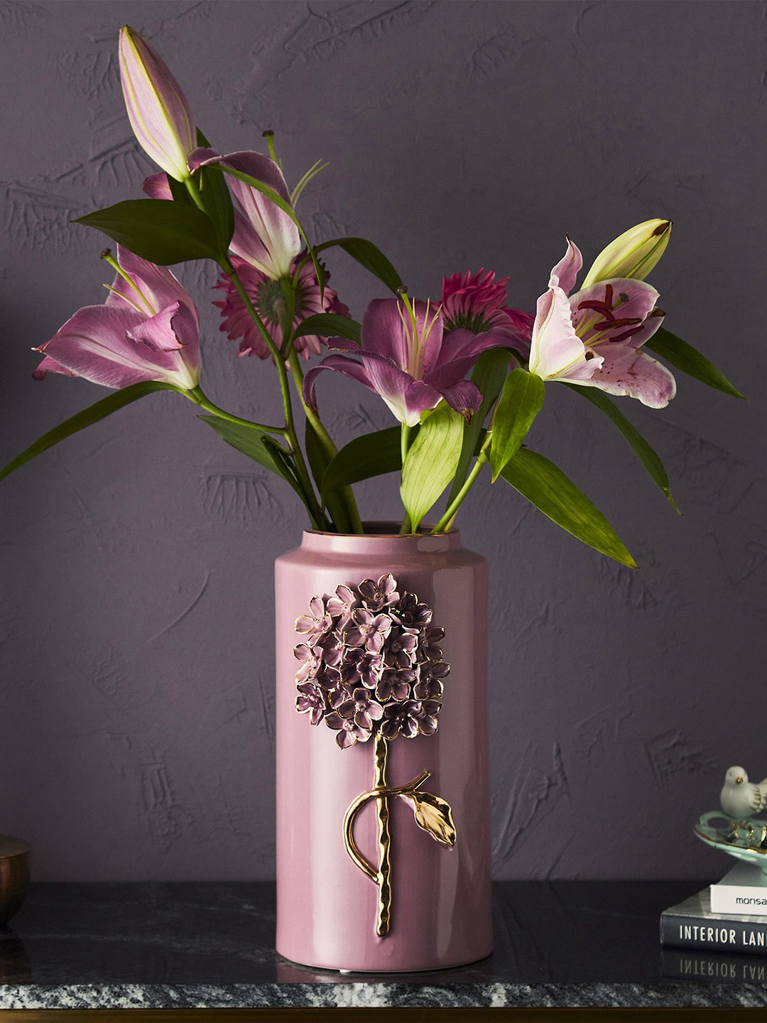 

Home Centre Floral Applique Ceramic Cylindrical Vase, Pink