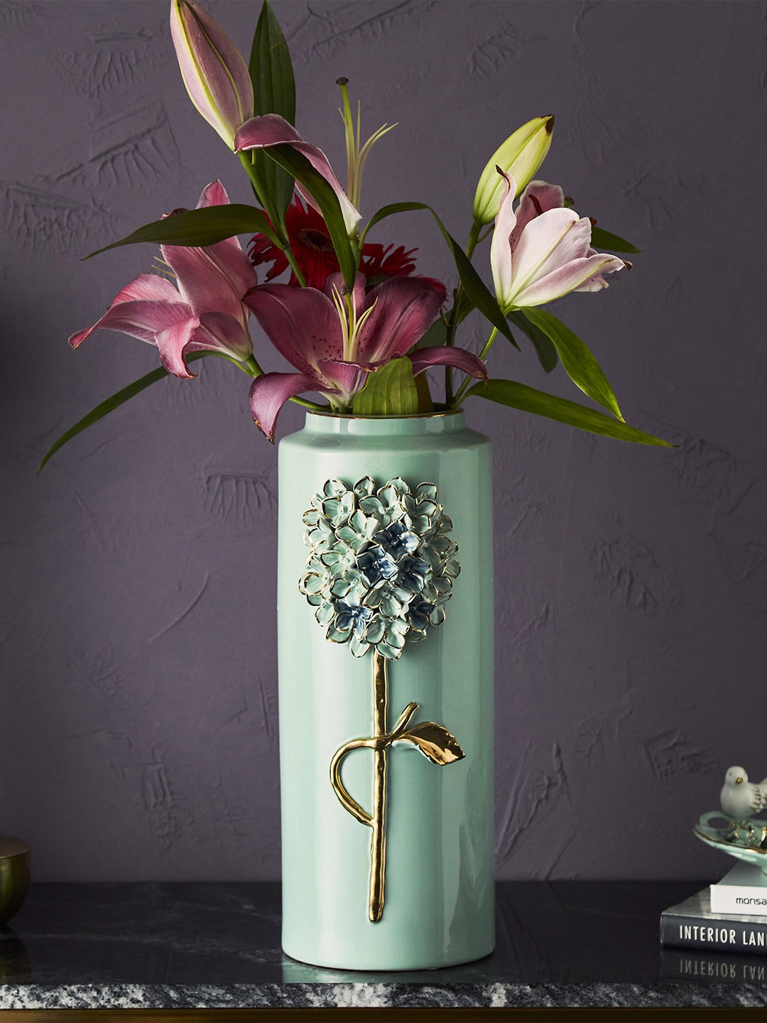 

Home Centre Floral Appliqued Ceramic Cylindrical Vase, Blue