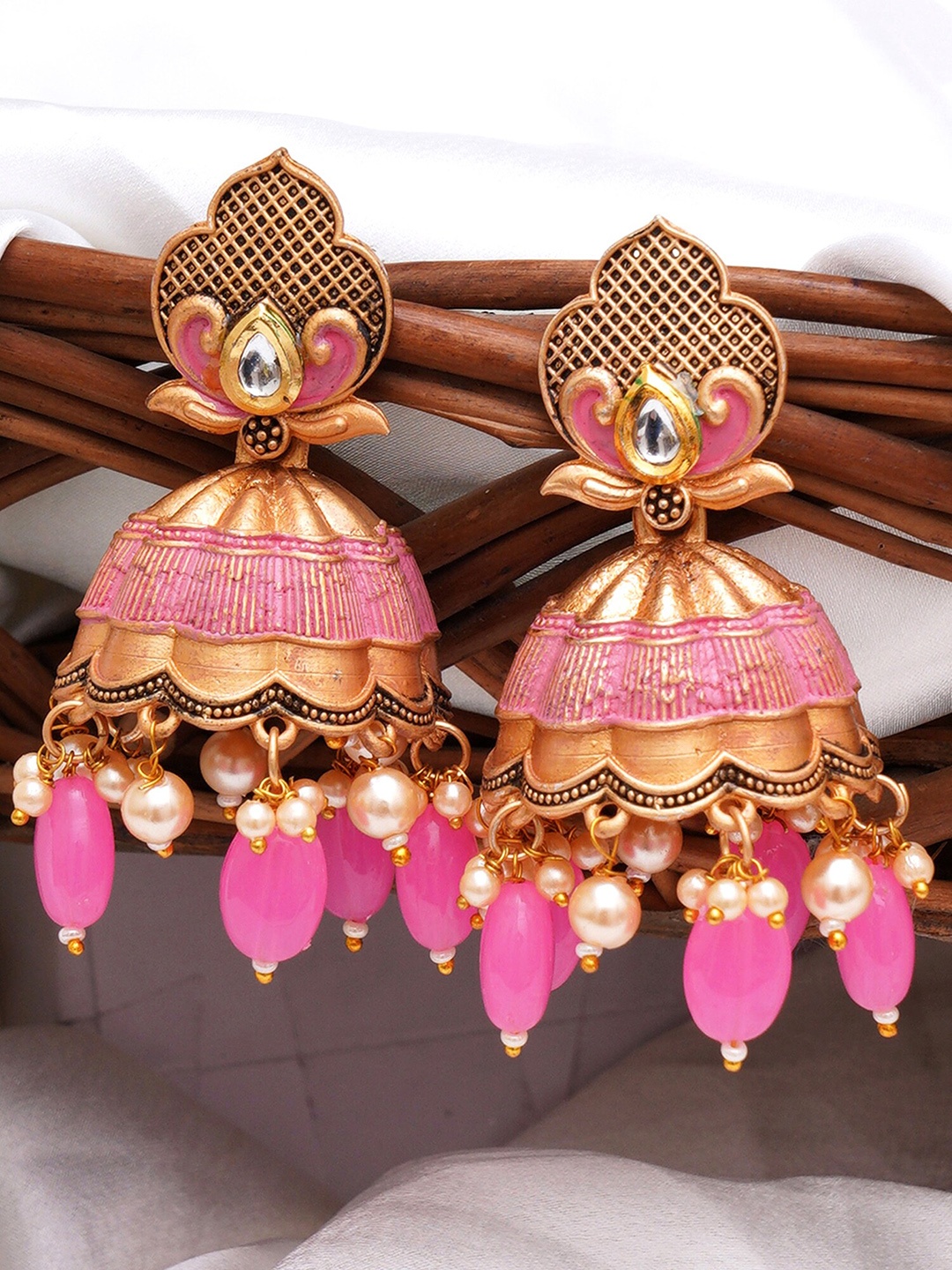 

KARATCART Contemporary Pearl Studded Jhumkas Earrings, Pink