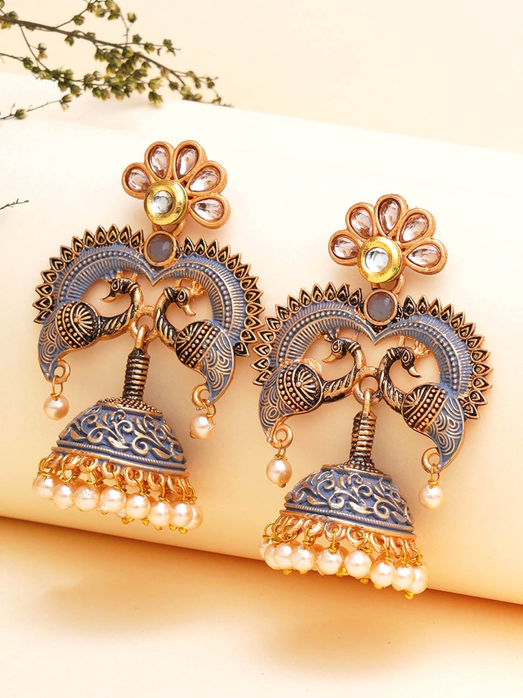 

KARATCART Contemporary Designer Peacock Jhumkas Earrings, Grey