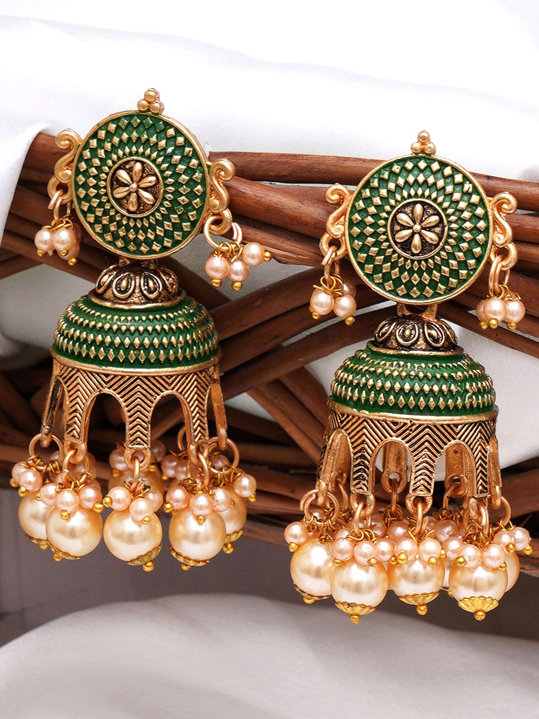 

KARATCART Contemporary Tomb Style Jhumkas Earrings, Green