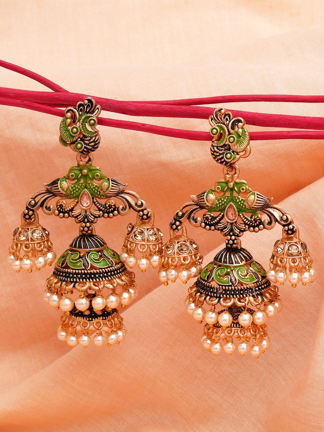 

KARATCART Contemporary Double Jhumka Earrings, Lime green