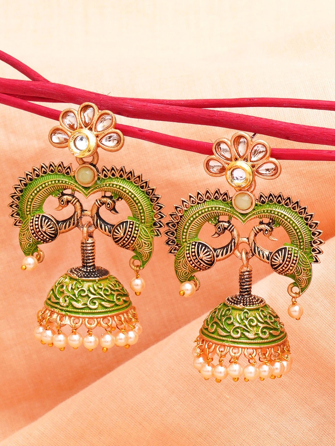 

KARATCART Contemporary Designer Peacock Jhumkas Earrings, Lime green
