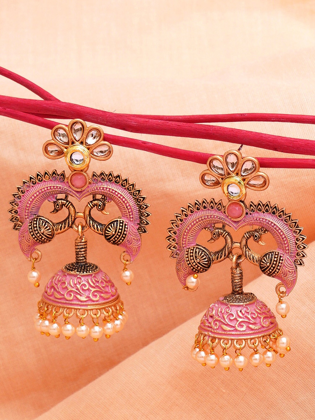 

KARATCART Contemporary Jhumkas Gold-Plated Earrings, Pink