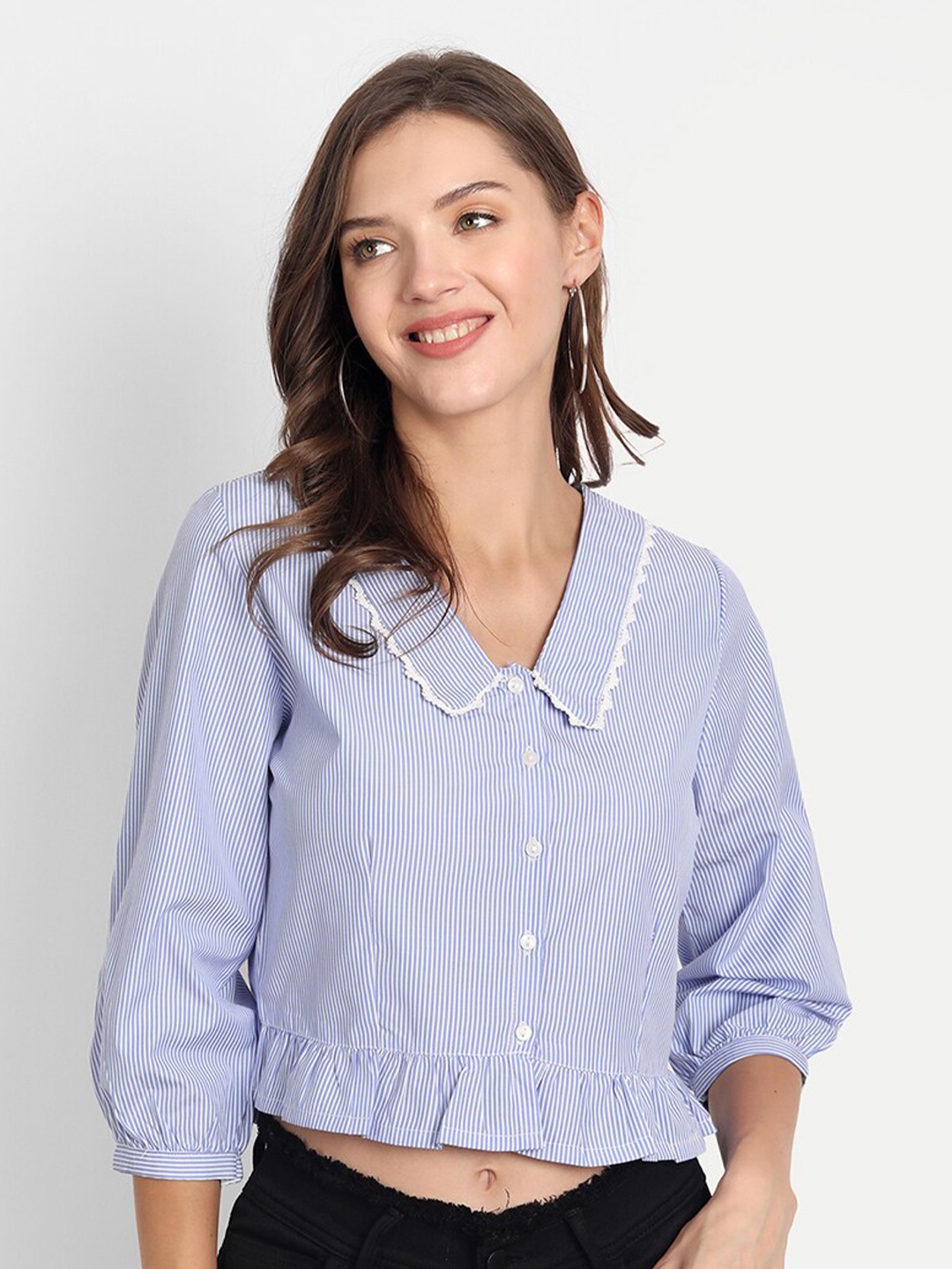 

D 'VESH Striped Ruffles Lace Crop Top, Blue