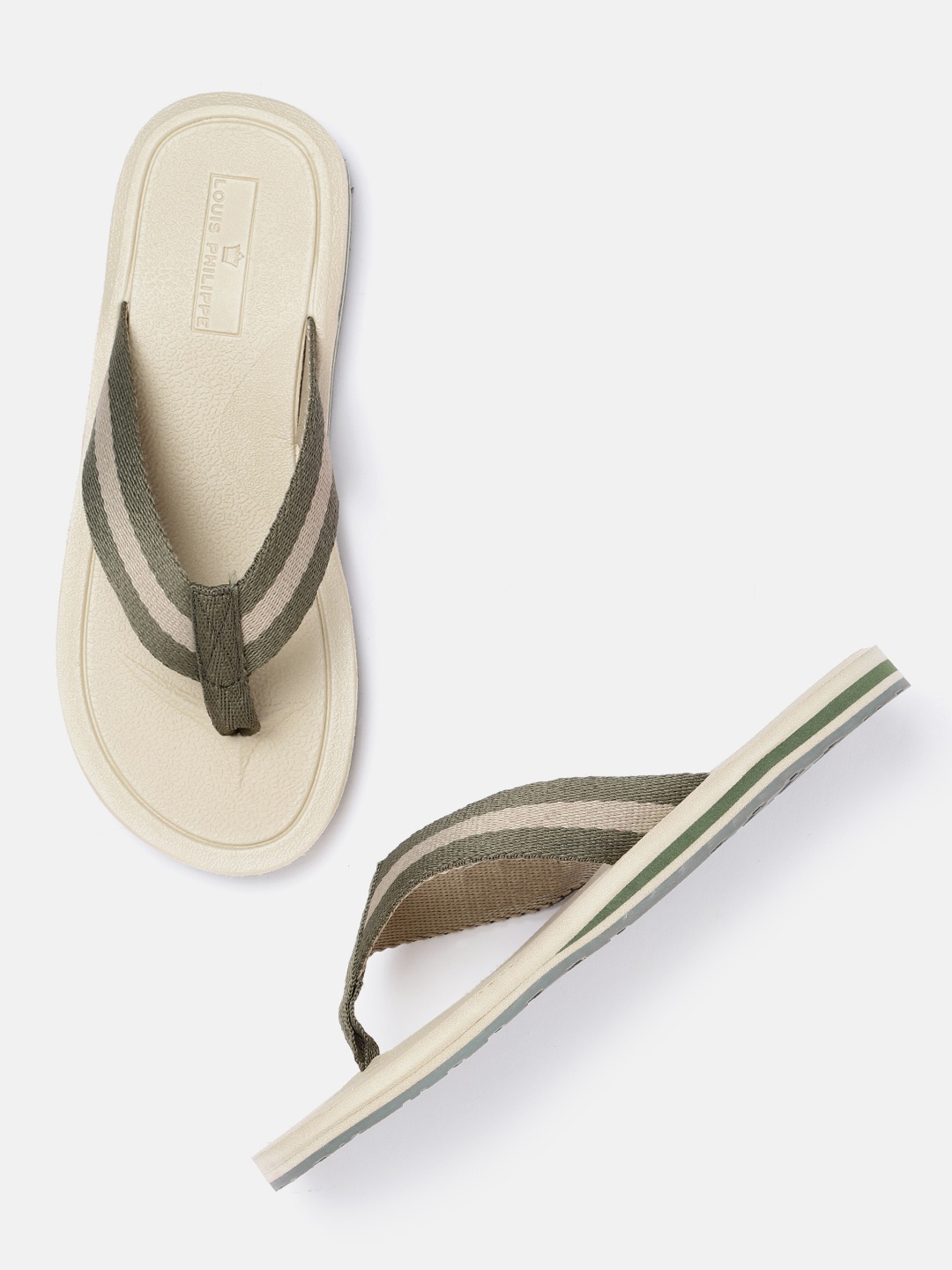 

Louis Philippe Men Olive Green & Beige Striped Thong Flip-Flops