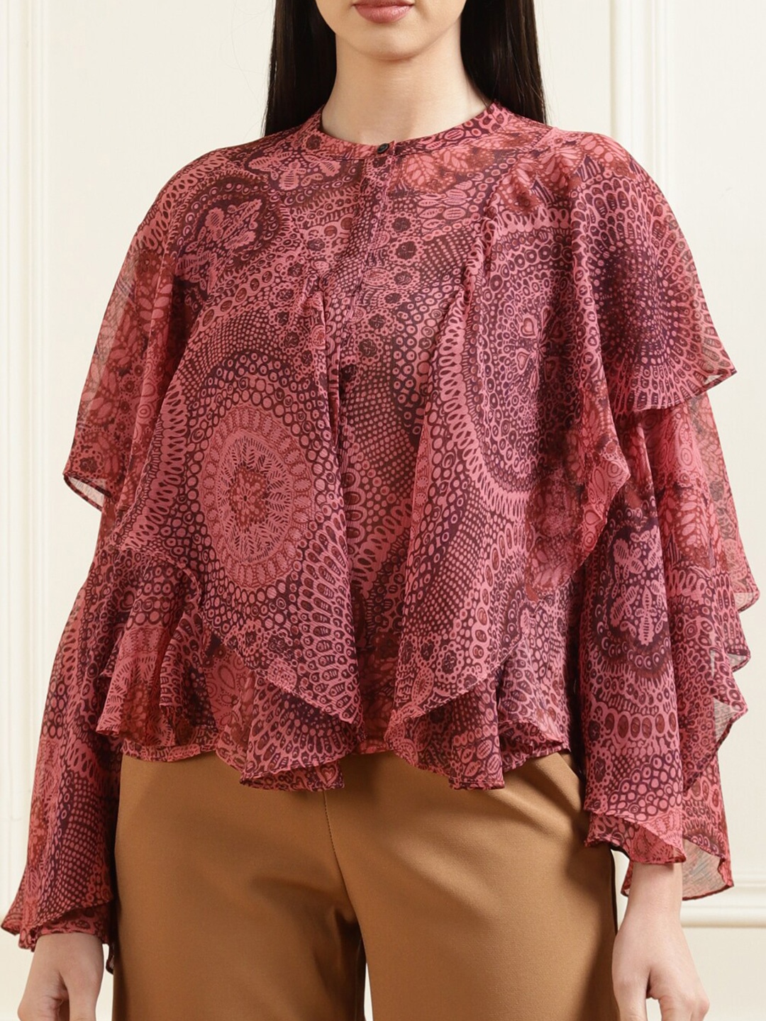 

Ted Baker Print Mandarin Collar Ruffles Top, Red