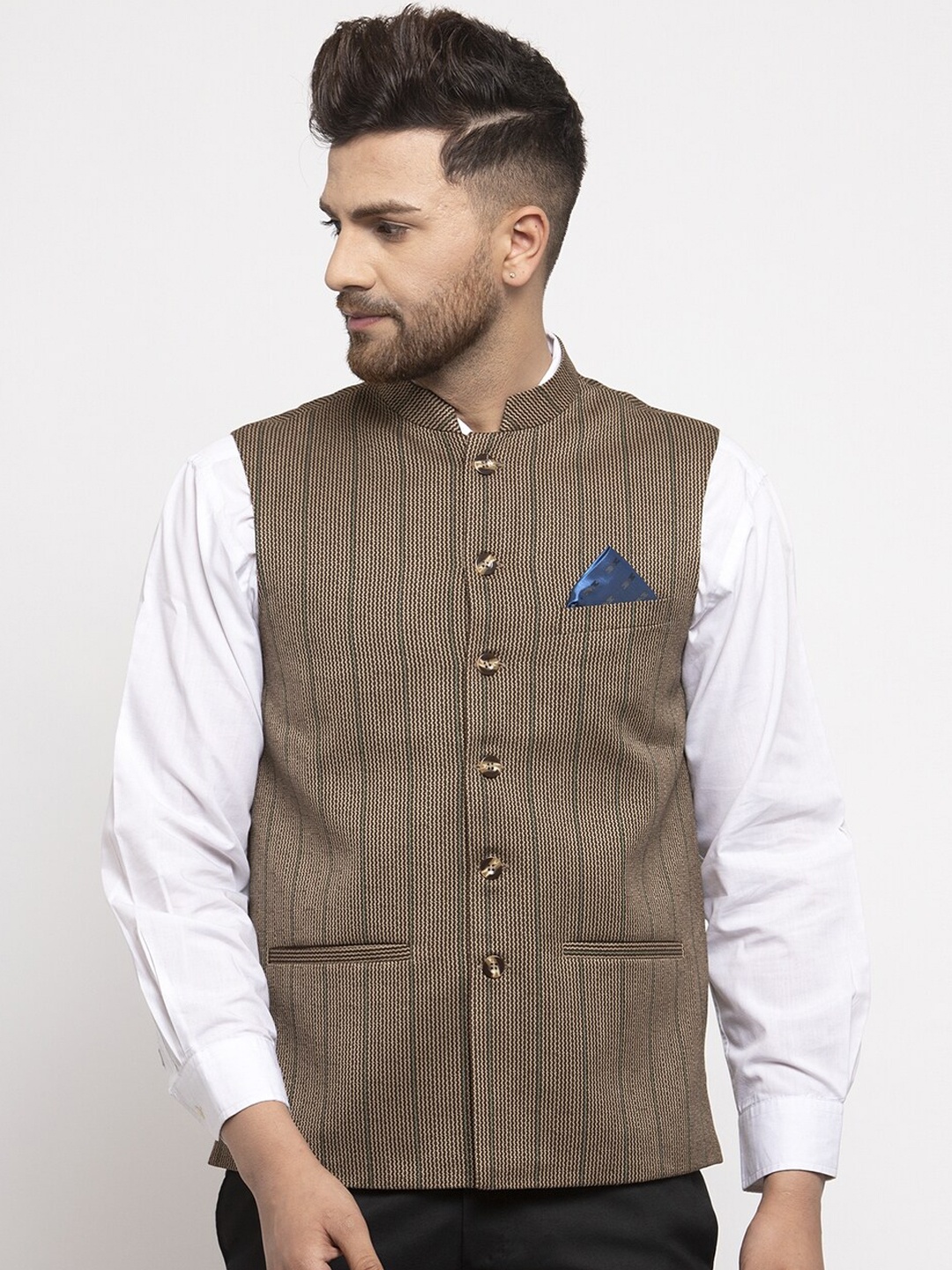 

NEUDIS Men Checked Nehru Jackets, Olive
