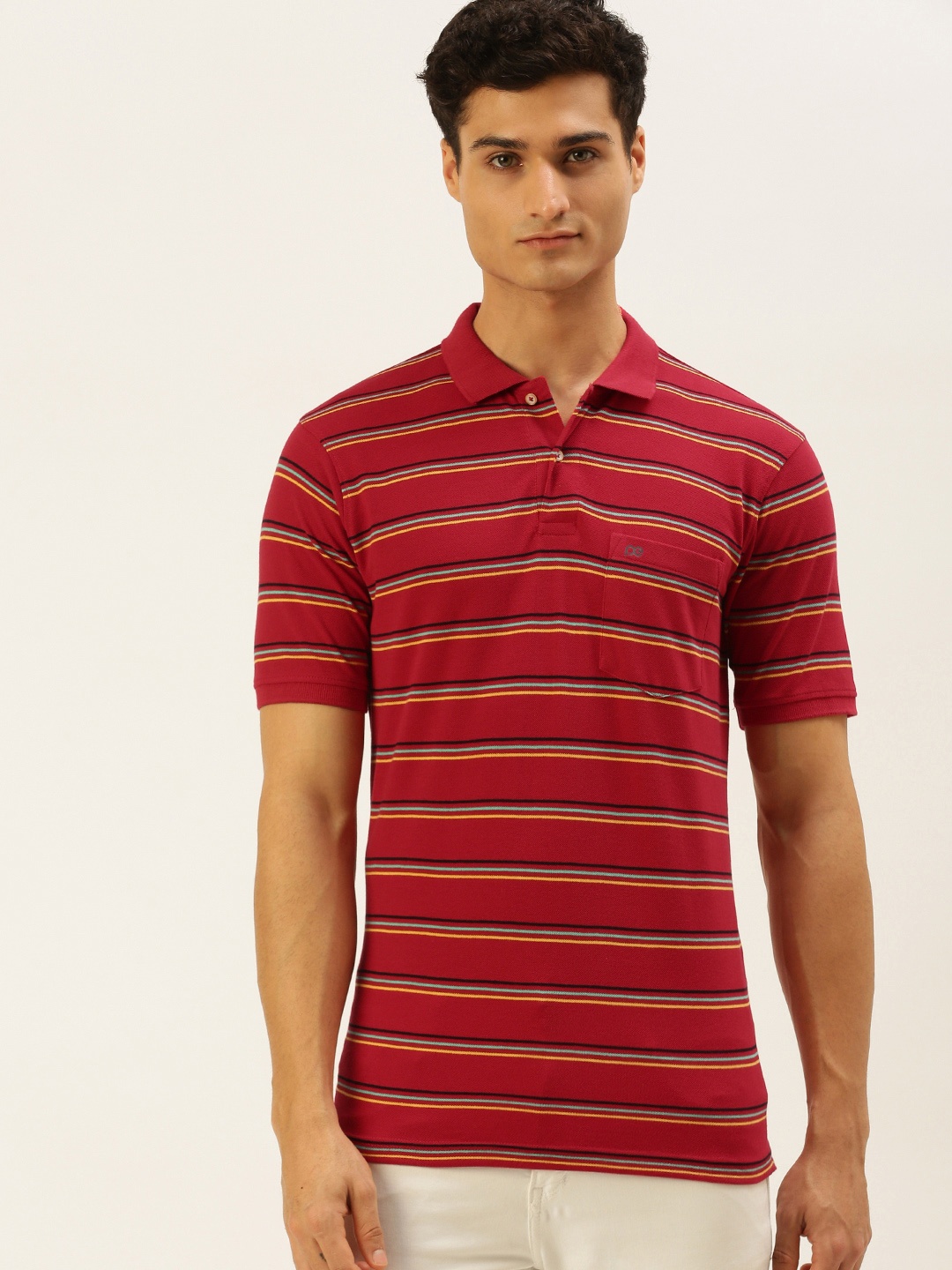 

Peter England Men Red & Black Striped Polo Collar T-shirt