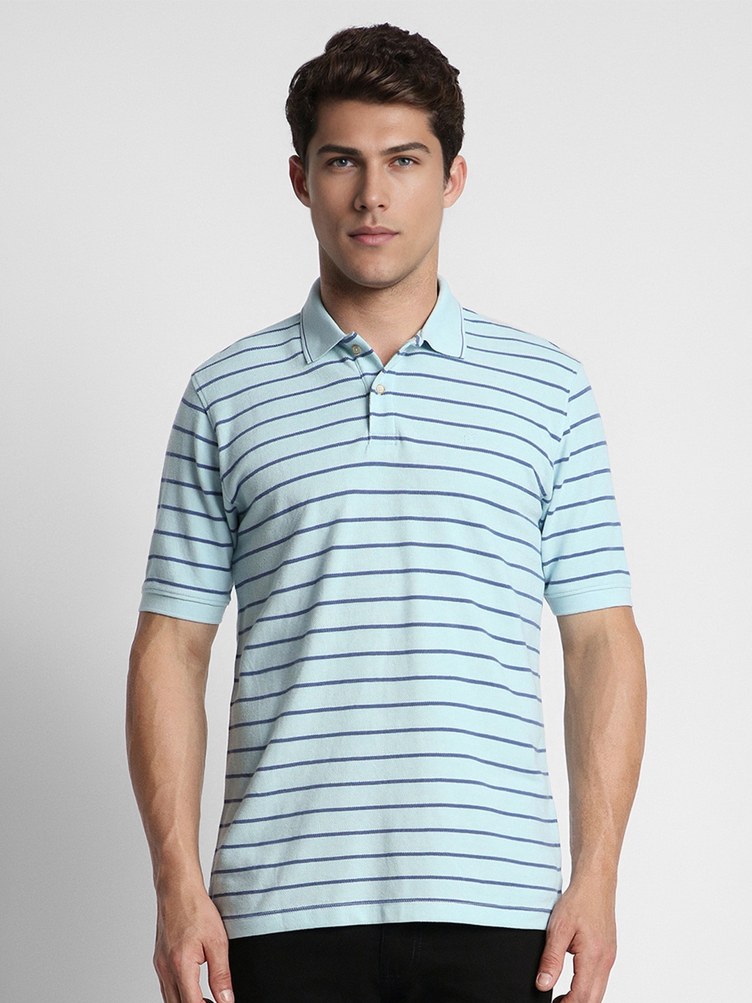 

Peter England Men Blue Striped Polo Collar Slim Fit T-shirt