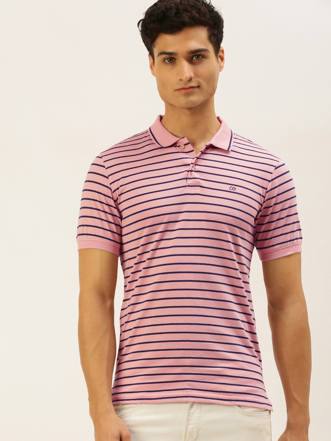 

Peter England Men Pink & Navy Blue Striped Polo Collar Slim Fit T-shirt