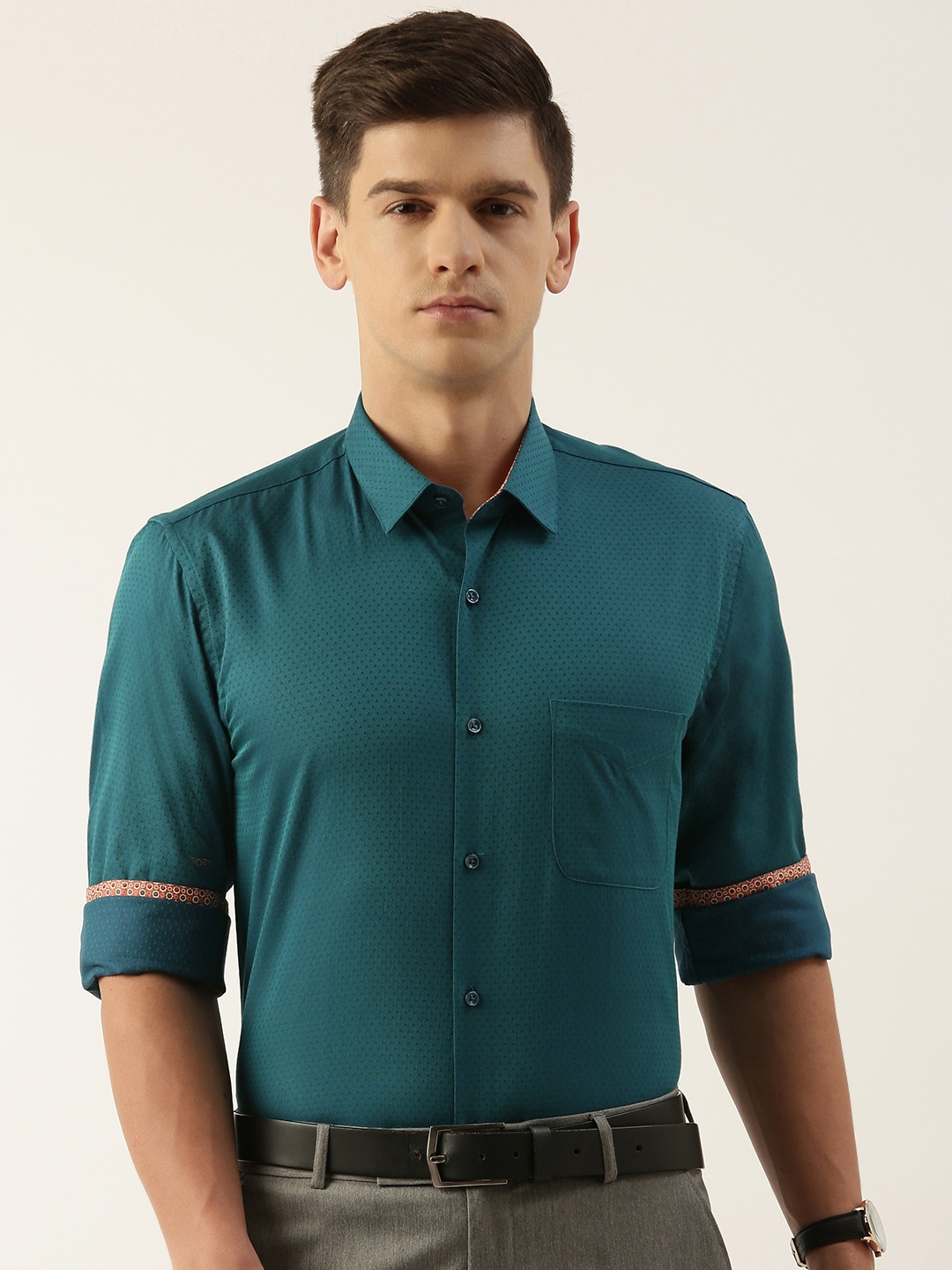 

Peter England Textured Slim Fit Pure Cotton Formal Shirt, Teal