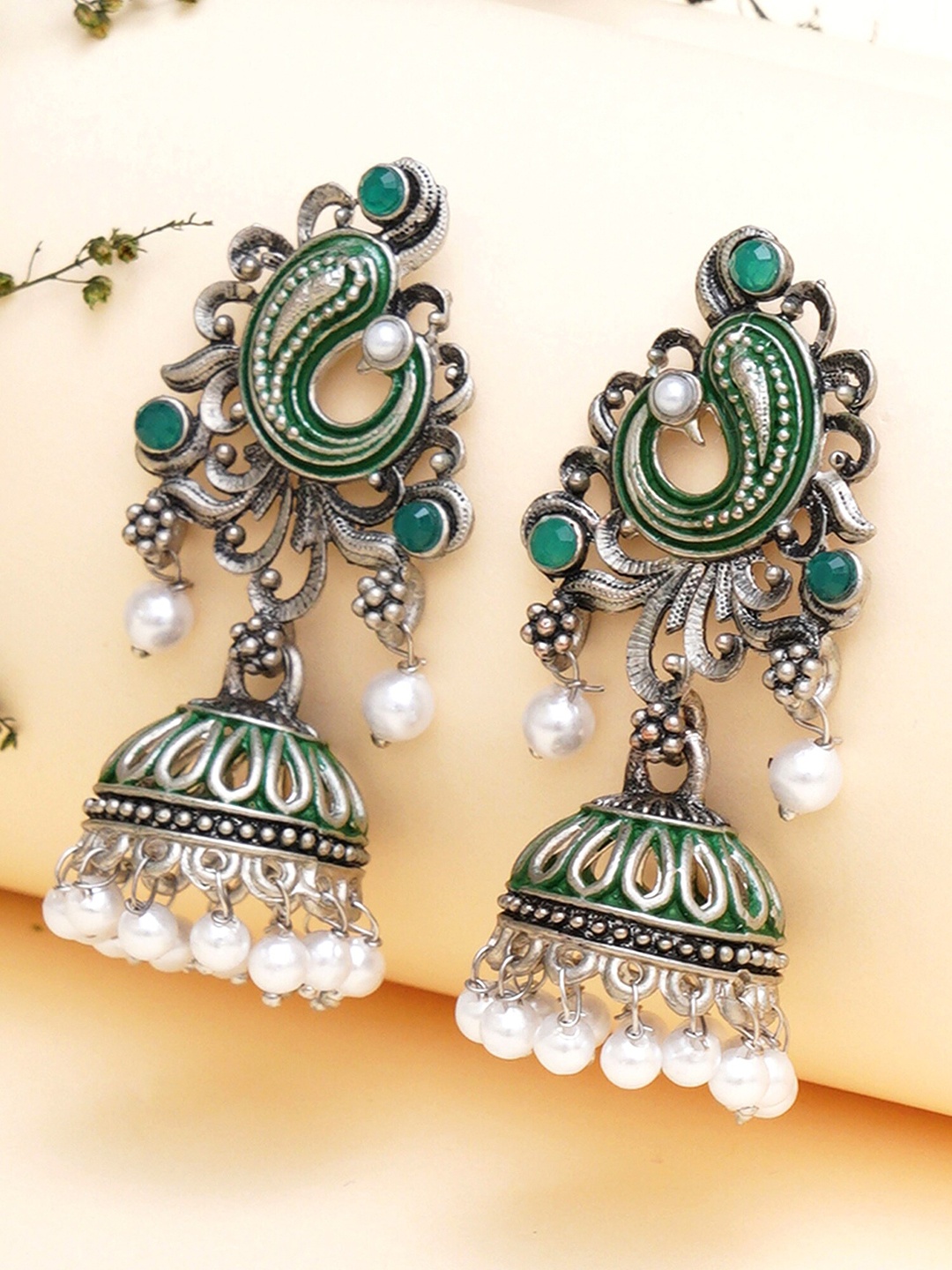 

KARATCART Contemporary Jhumkas Earrings, Green