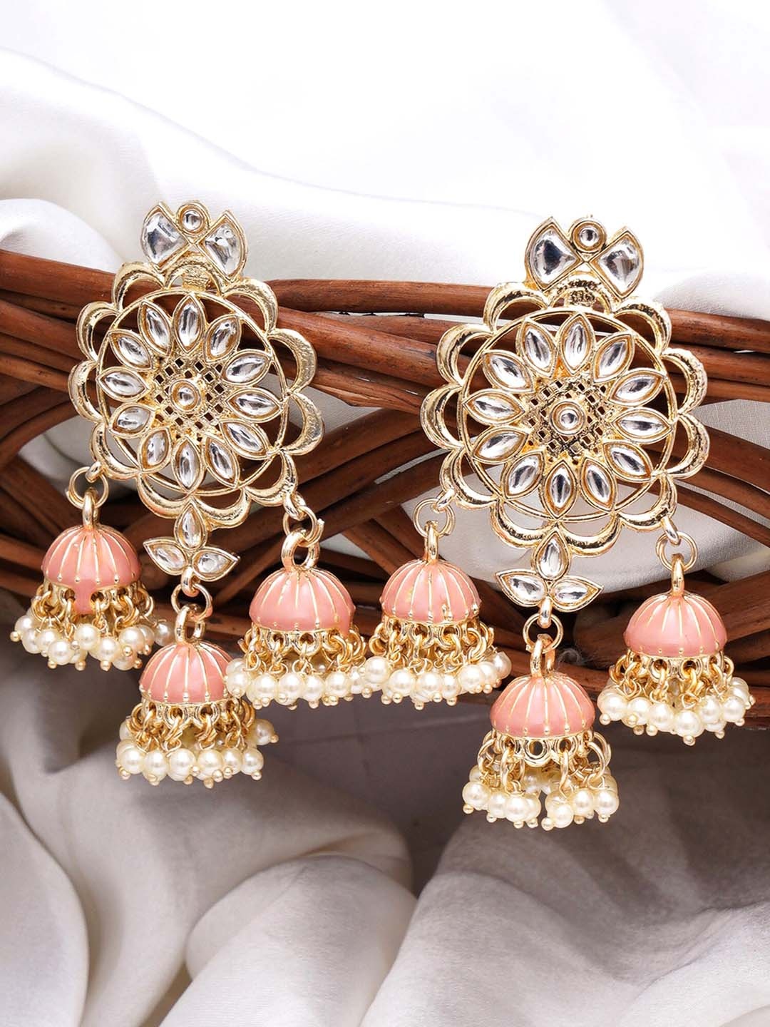 

KARATCART Contemporary Jhumkas Earrings, Peach