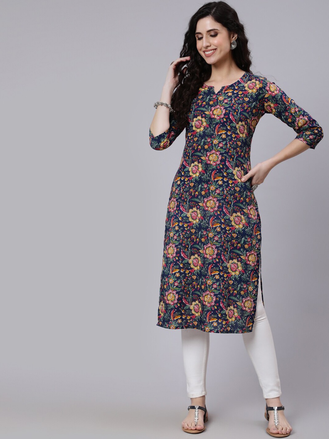 

ETHNIC STREET Women Navy Blue & Pink Ethnic Motifs Pure Cotton Printed Kurta