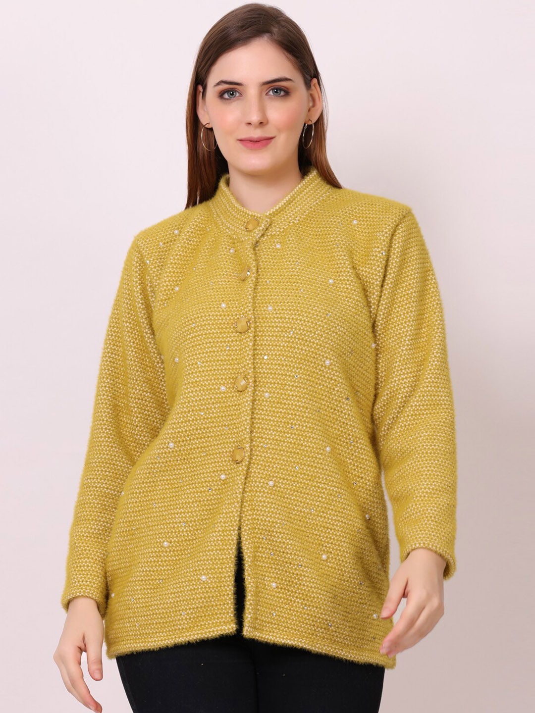 

TYSORT Stand Collar Embellished Woolen Winter Wear Coats, Yellow