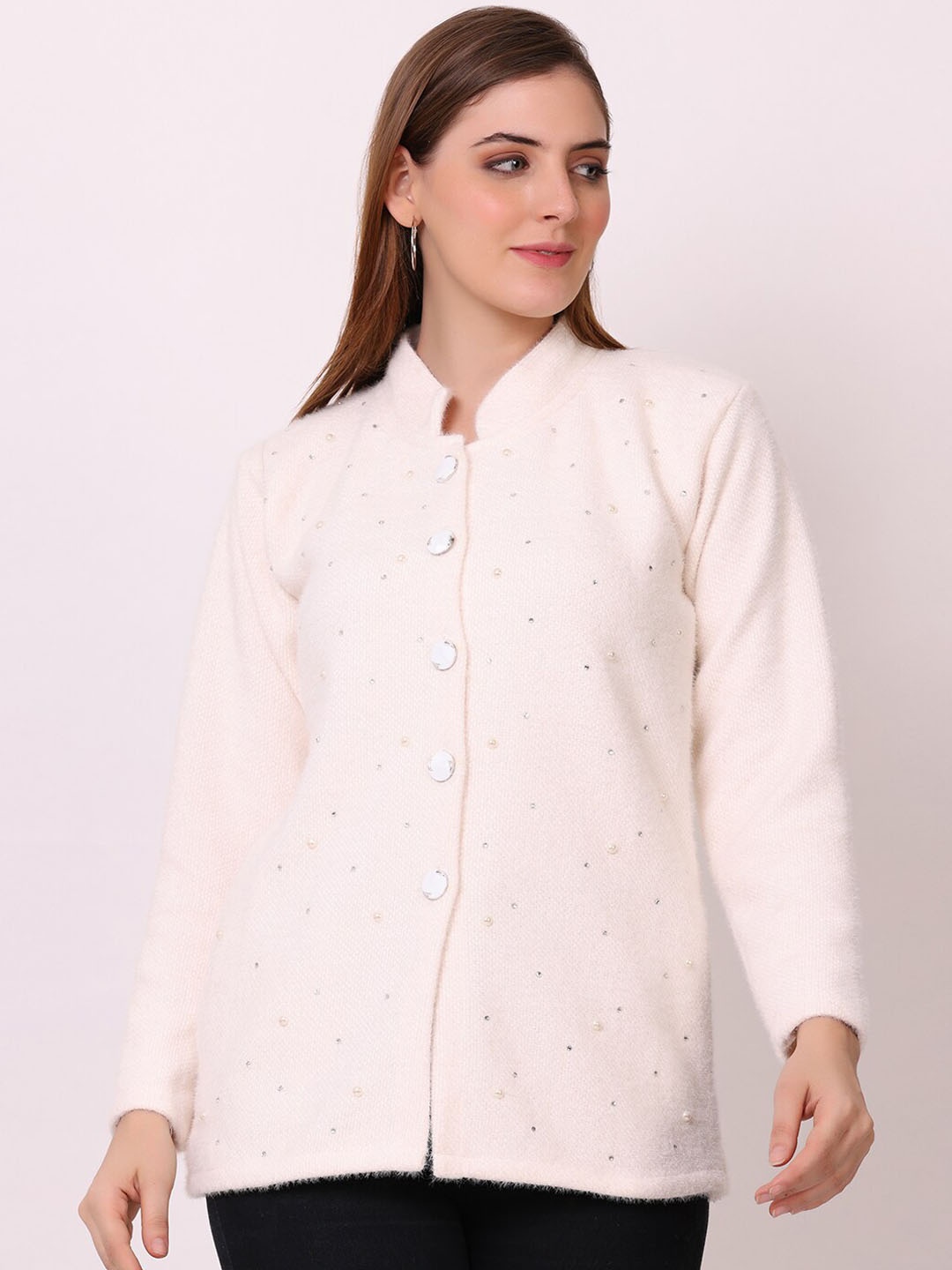 

TYSORT Stand Collar Embellished Woolen Winter Wear Coats, Cream