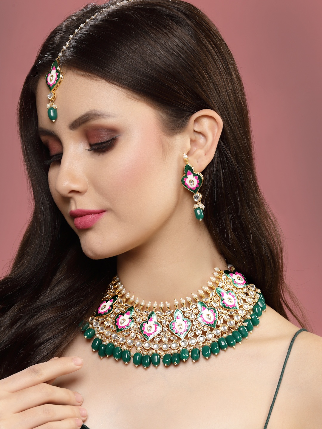 

PANASH Gold-Plated Stone-Studded & Beaded Jewellery Set