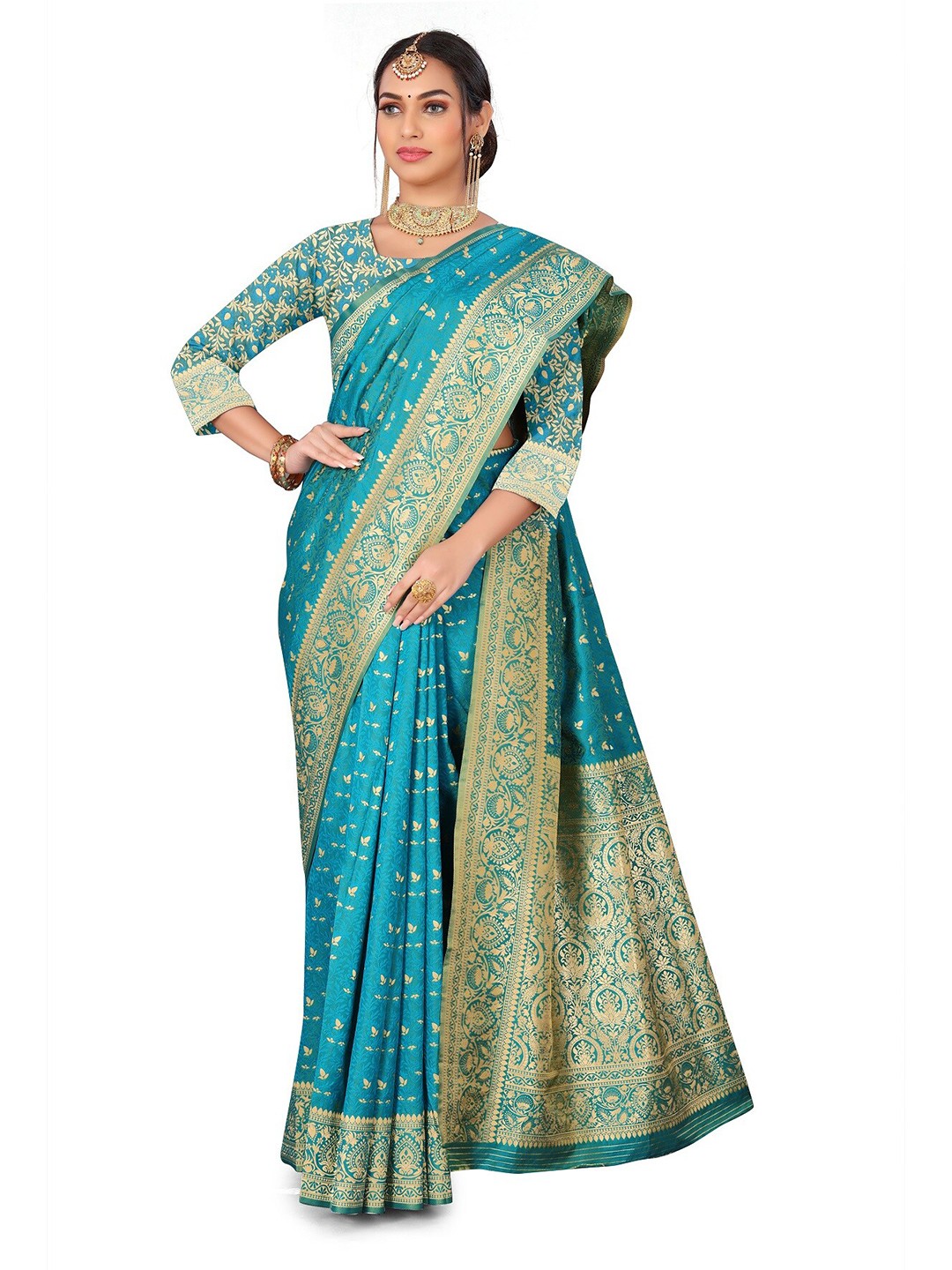 

Rivana Ethnic Motifs Zari Pure Silk Fusion Banarasi Saree, Turquoise blue