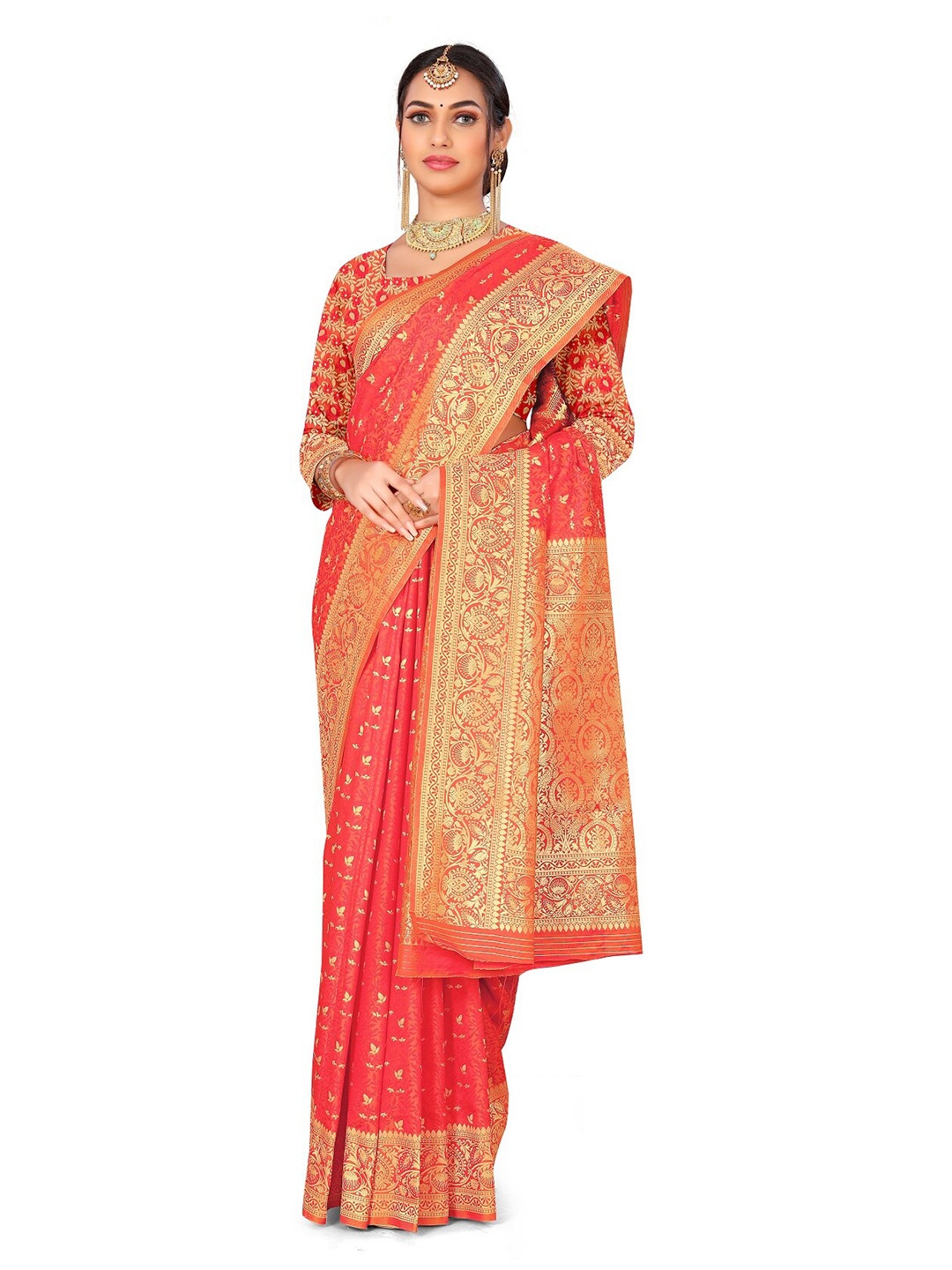 

Rivana Ethnic Motifs Zari Pure Silk Fusion Banarasi Saree, Peach