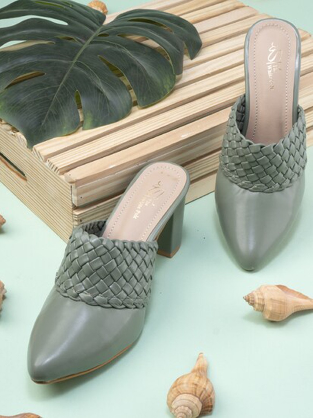 

THE WHITE POLE Sea Green Embellished Party Block Mules with Bows
