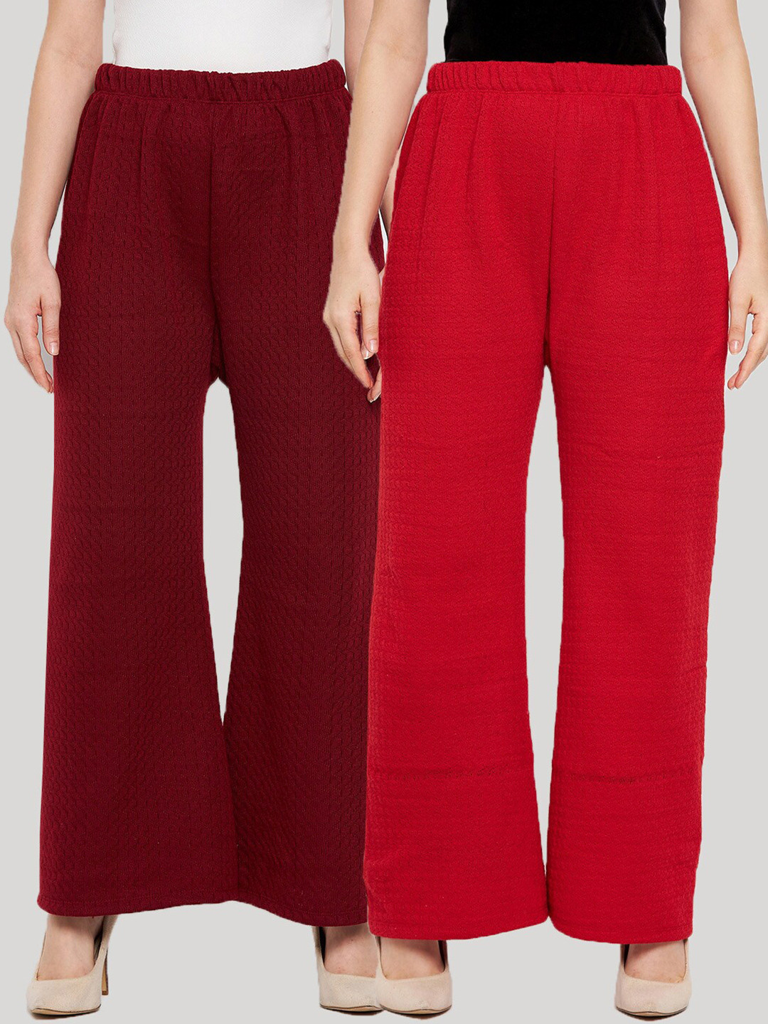 

Clora Creation Women Pack Of 2 Self Designed Cotton Palazzos, Red
